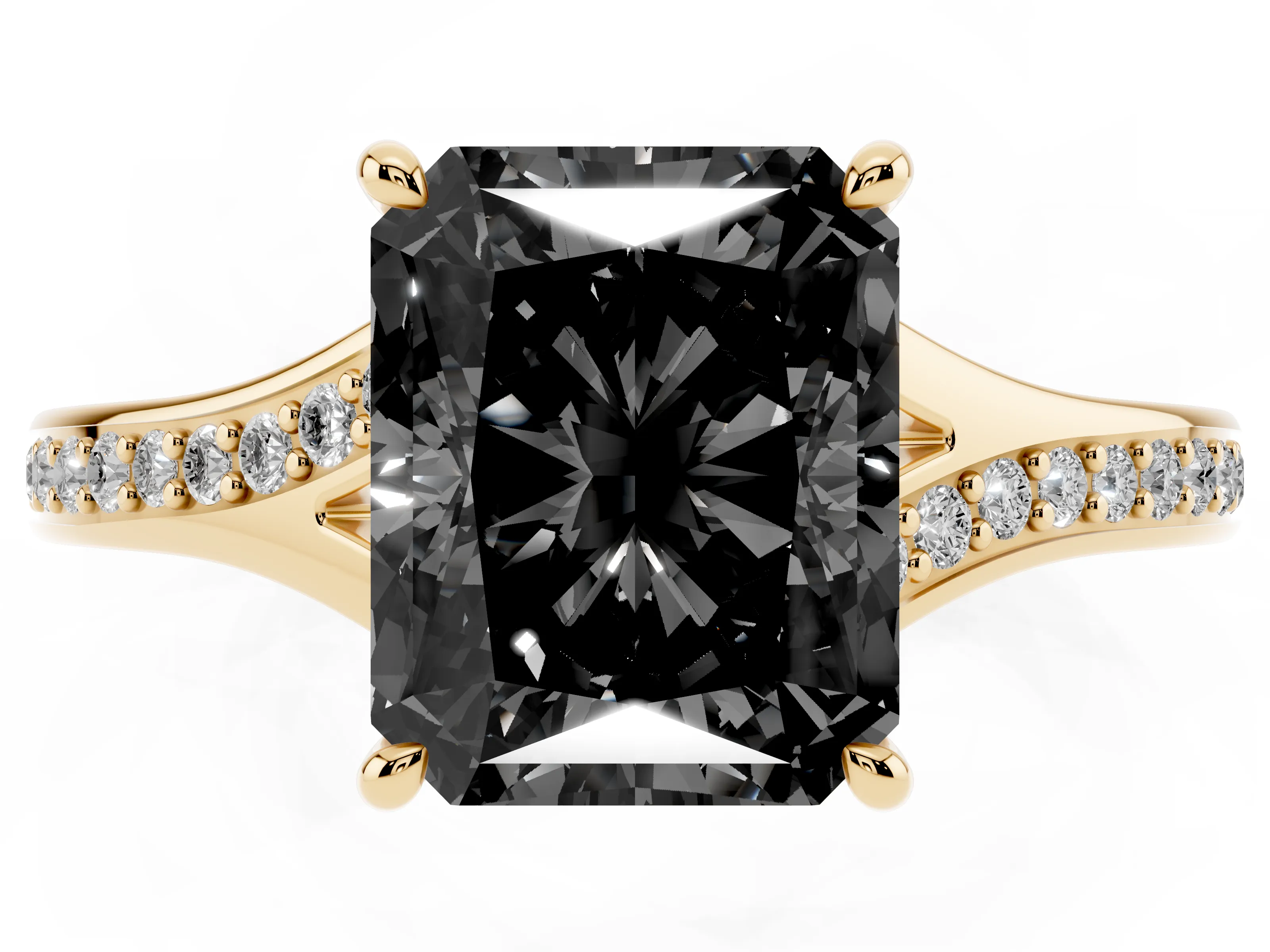 Fancy Black Radiant Cut Diamond Solitaire Ring Set in Yellow gold with Pavé Accent Band and Classic Prong Setting