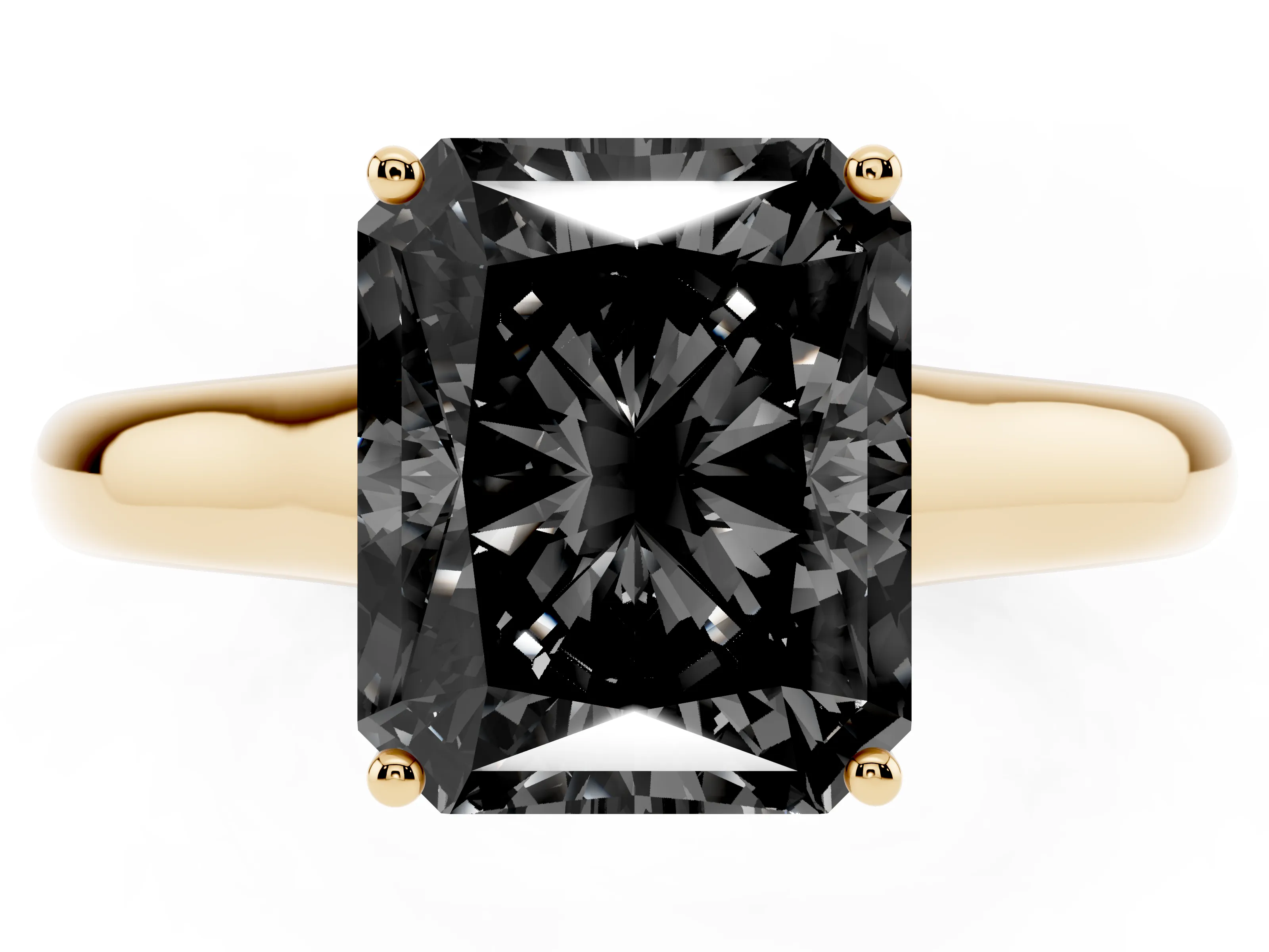 Fancy Black Radiant Cut Diamond Solitaire Engagement Ring Set in Yellow gold with Subtly Tapered Band and Prong Setting