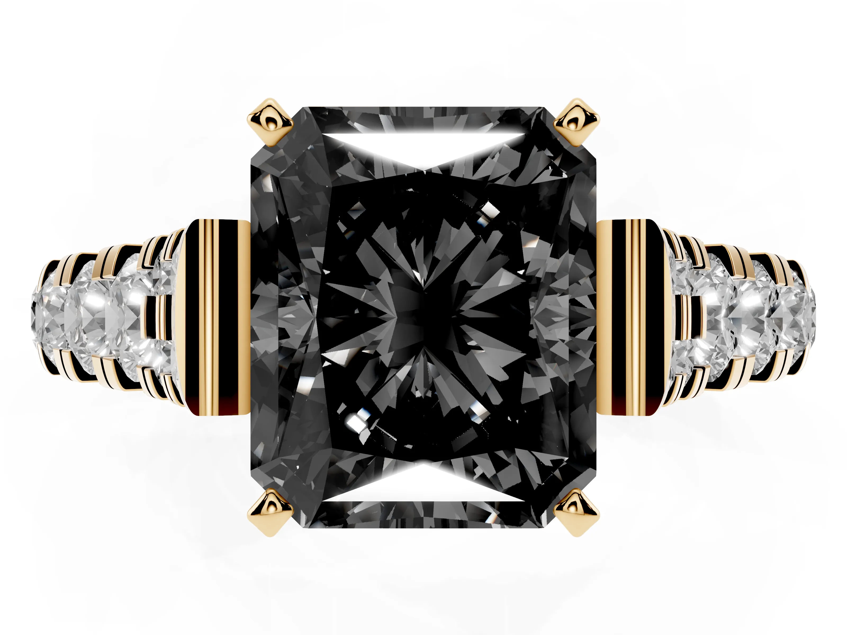 Fancy Black Radiant Cut Diamond Classic Solitaire Ring Set in Yellow gold with Pavé Band and Prong Setting