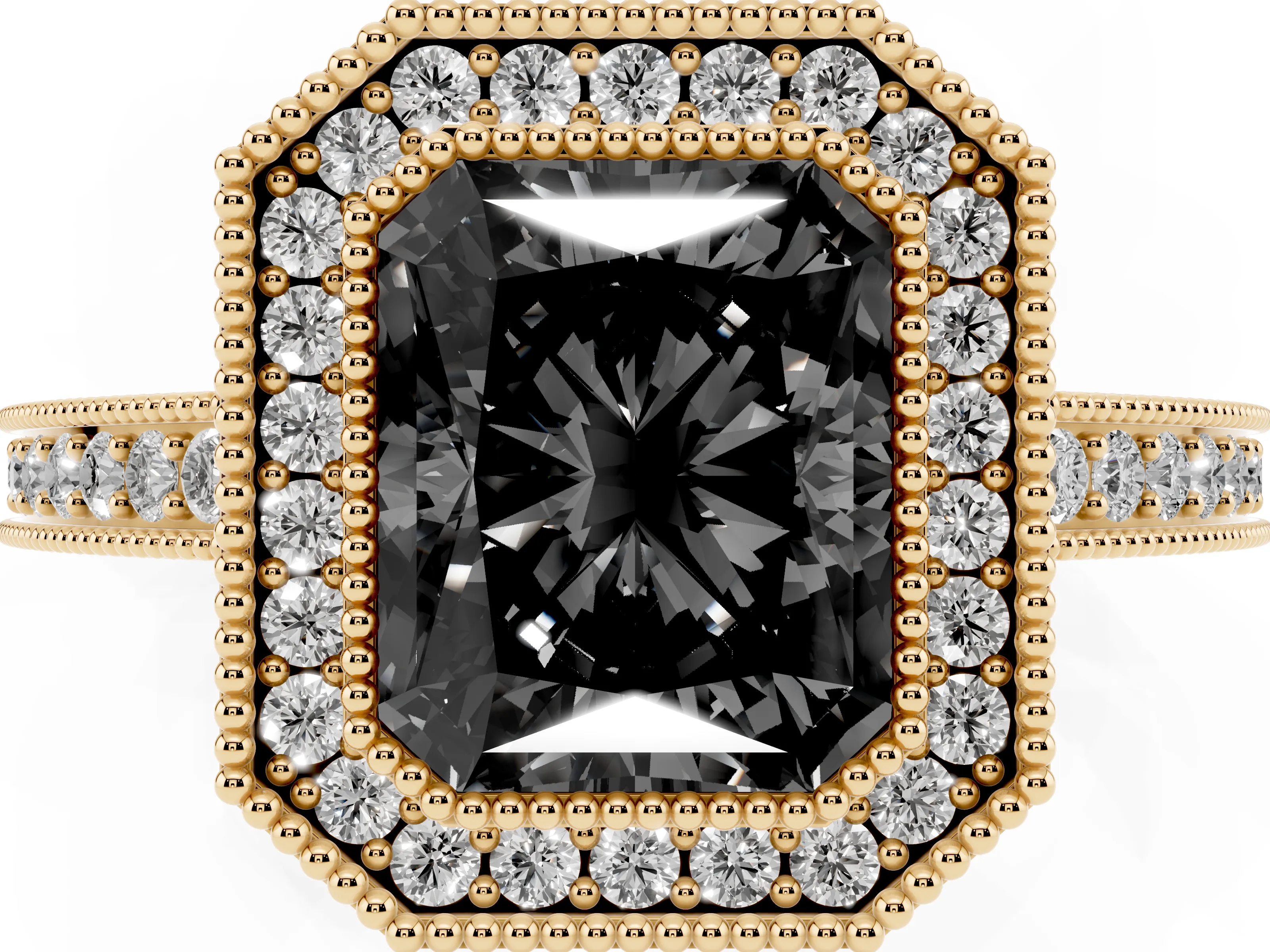 Fancy Black Radiant Cut Diamond Round Halo Ring Set in Yellow gold with Pavé Band