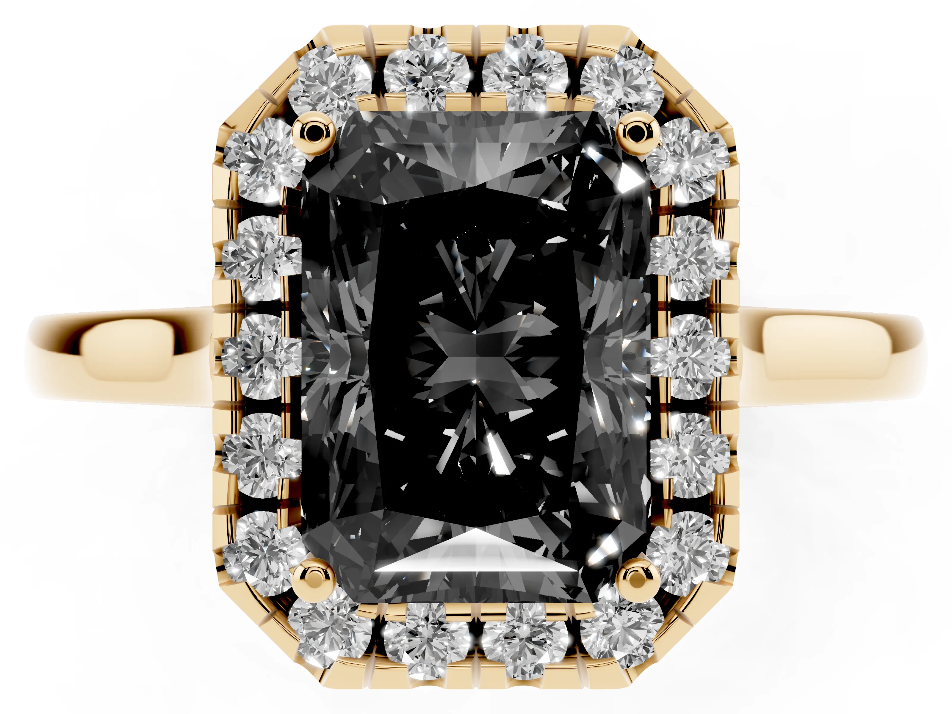 Fancy Black Radiant Cut Halo Round Diamond Solitaire Ring Set in Yellow gold with Pavé Band and Prong Setting