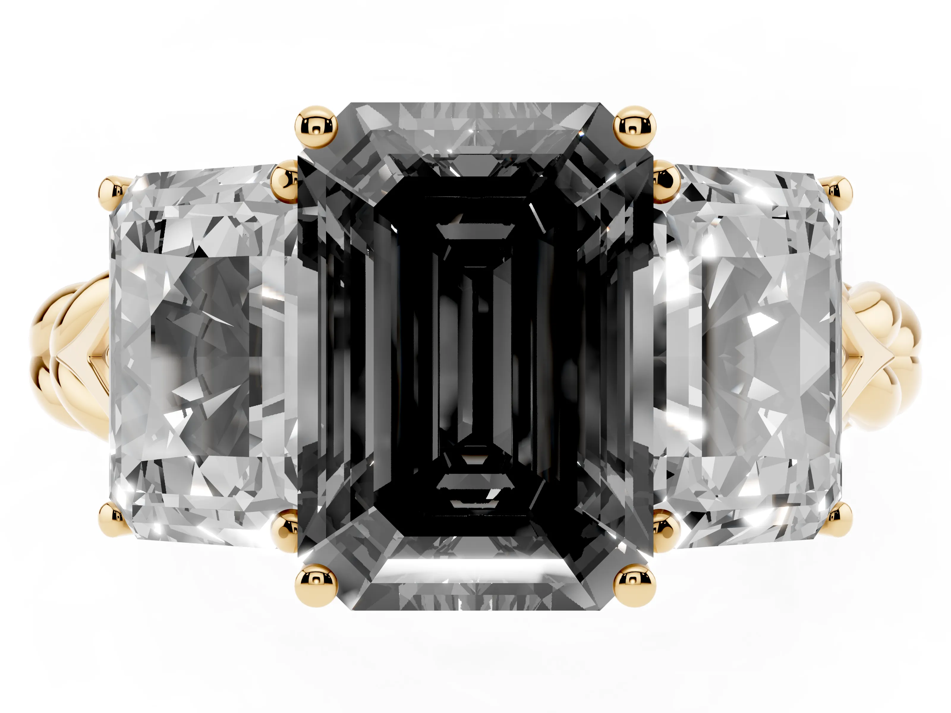 Fancy Black Radiant Cut Diamond Three-Stone Ring Set in Yellow gold with Braided Band