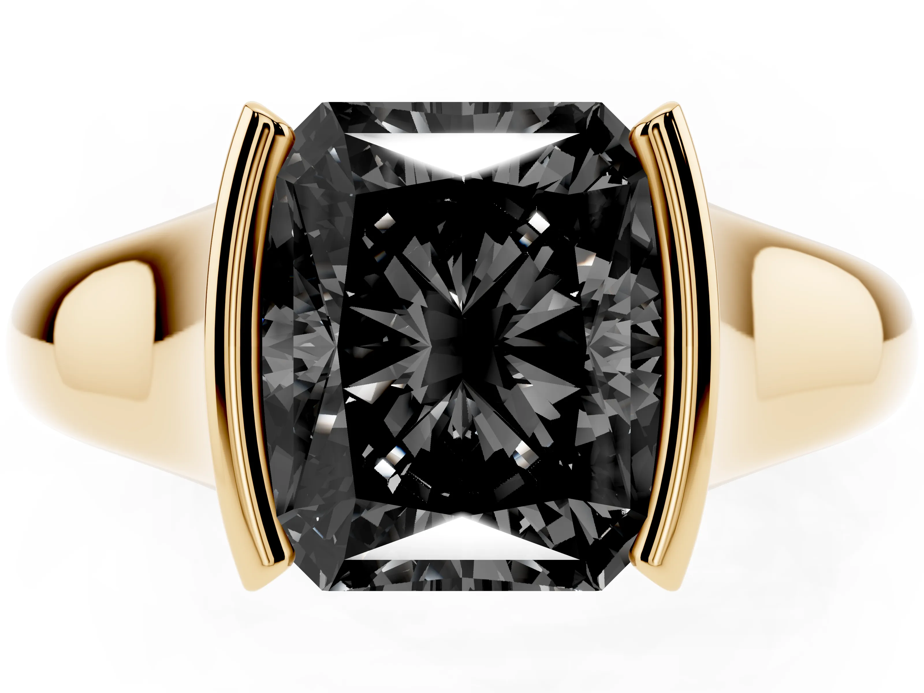 Fancy Black Radiant Cut Diamond Solitaire Tension Set Ring Set in Yellow gold with Split Shank Band