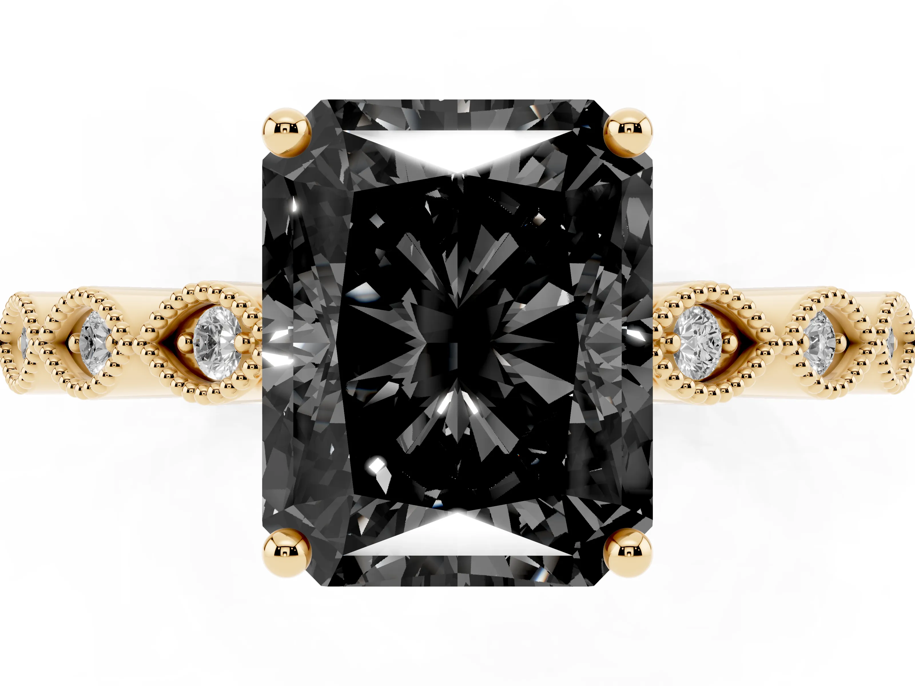 Fancy Black Radiant Cut Diamond Solitaire Ring Set in Yellow gold with Infinity Twist Pavé Band