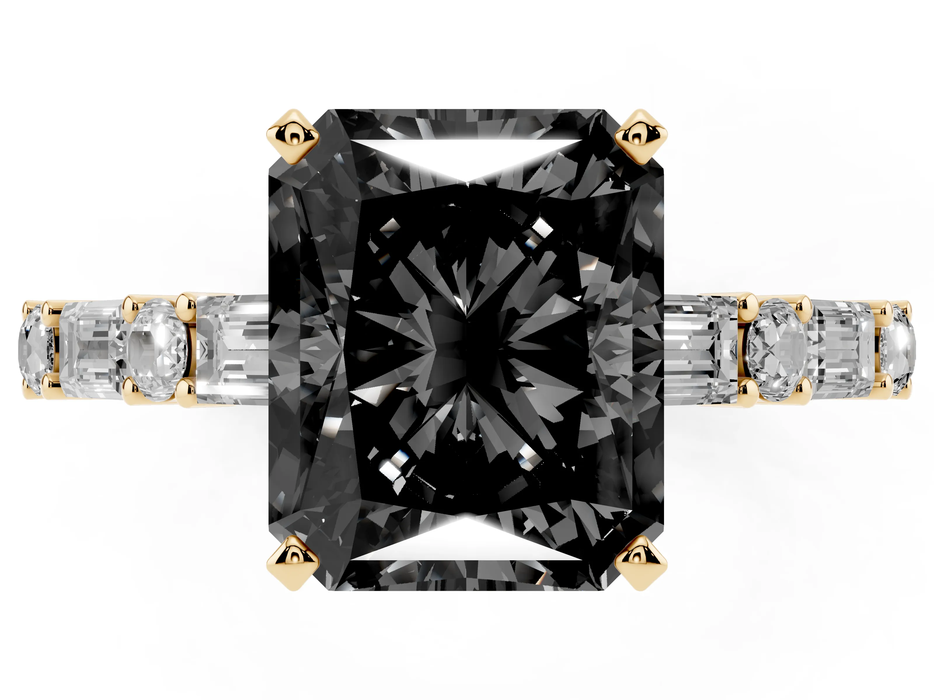 Fancy Black Radiant Cut Diamond Solitaire Set in Yellow gold with Side Baguettes and Channel Set Band
