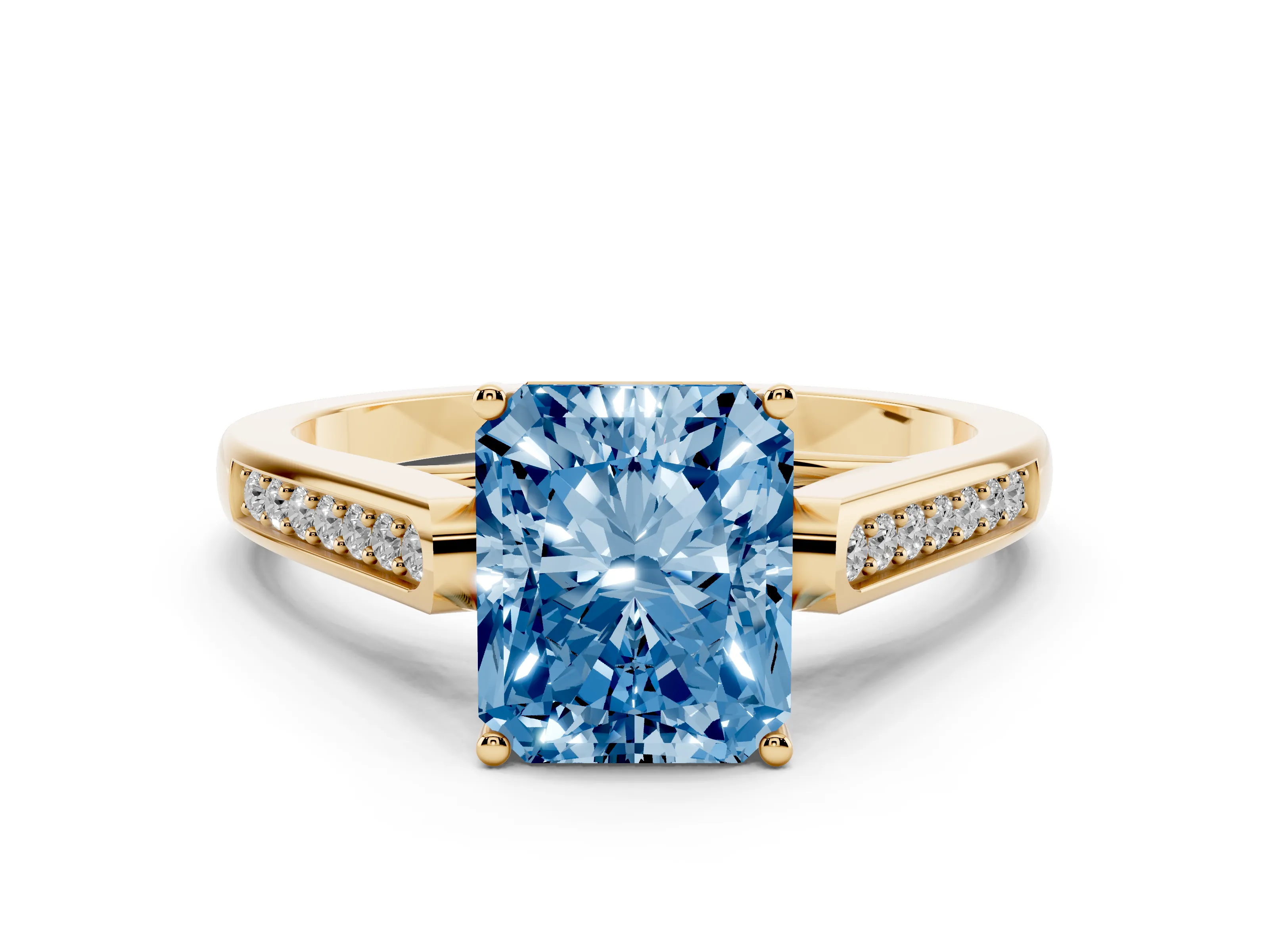 Fancy Blue Radiant Cut Diamond Solitaire Cathedral Engagement Ring Set in Yellow gold with Channel-Set Band and Prong Setting