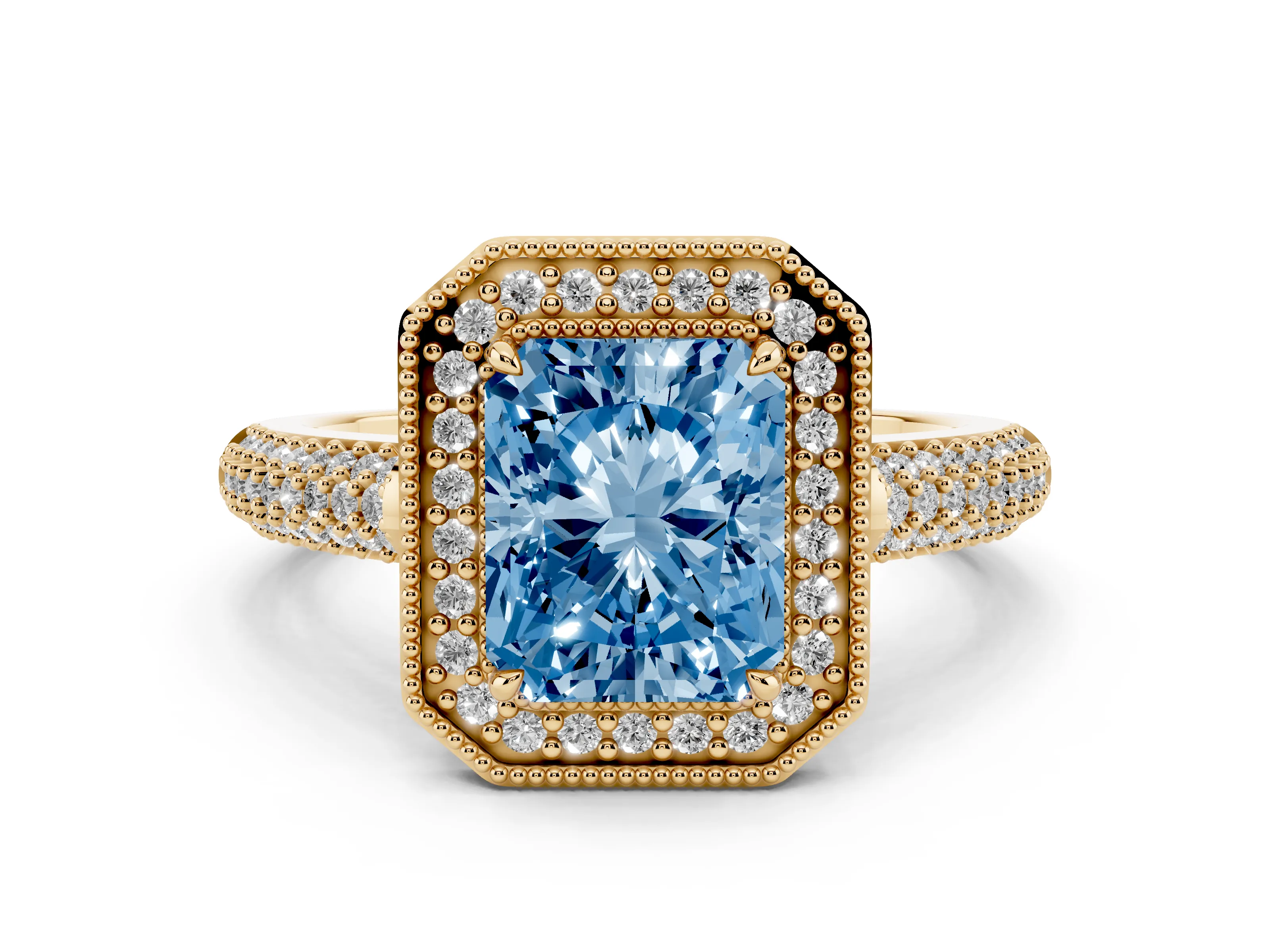 Fancy Blue Radiant Cut Diamond Halo Pavé Band Set in Yellow gold with Prong Setting