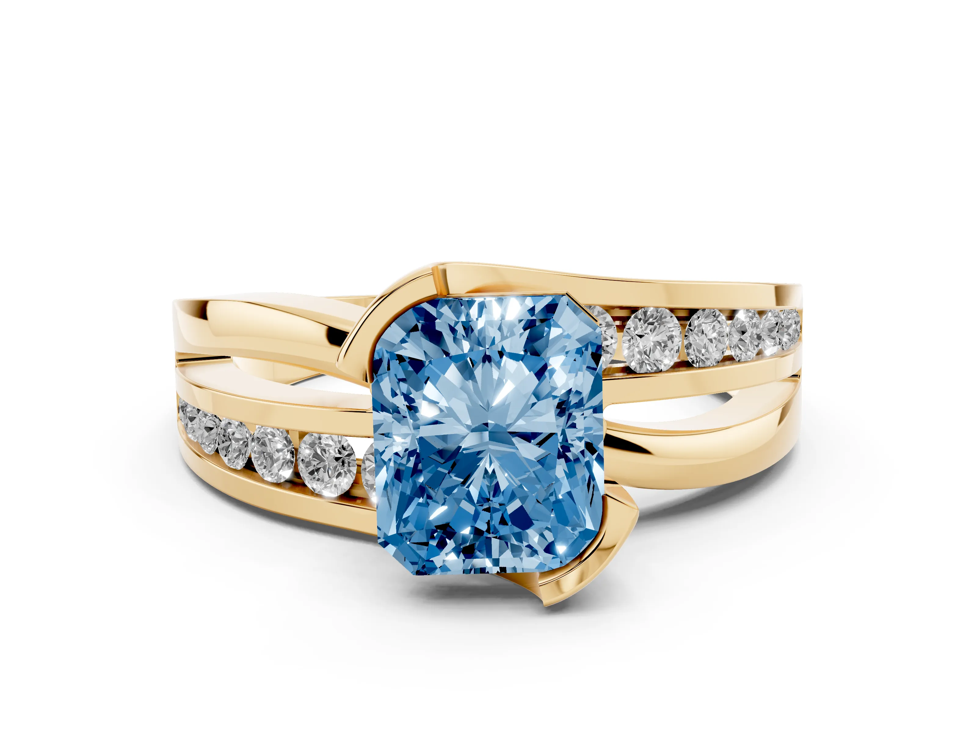 Fancy Blue Radiant Cut Diamond Solitaire Ring Set in Yellow gold with Channel Set Split Shank and Tension Prongs