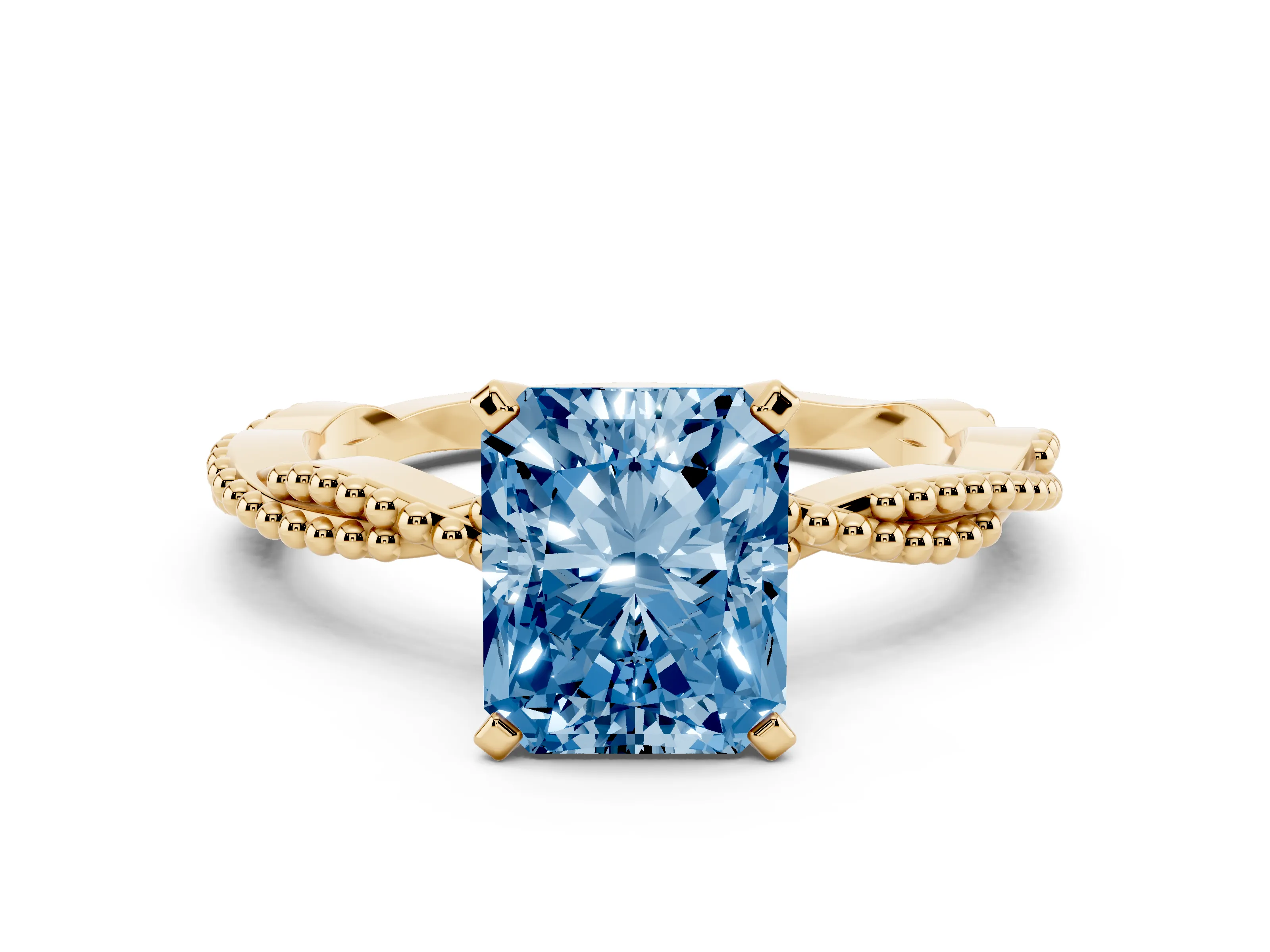 Fancy Blue Radiant Cut Diamond Solitaire Ring Set in Yellow gold with Twisted Band and Bead Prong Setting