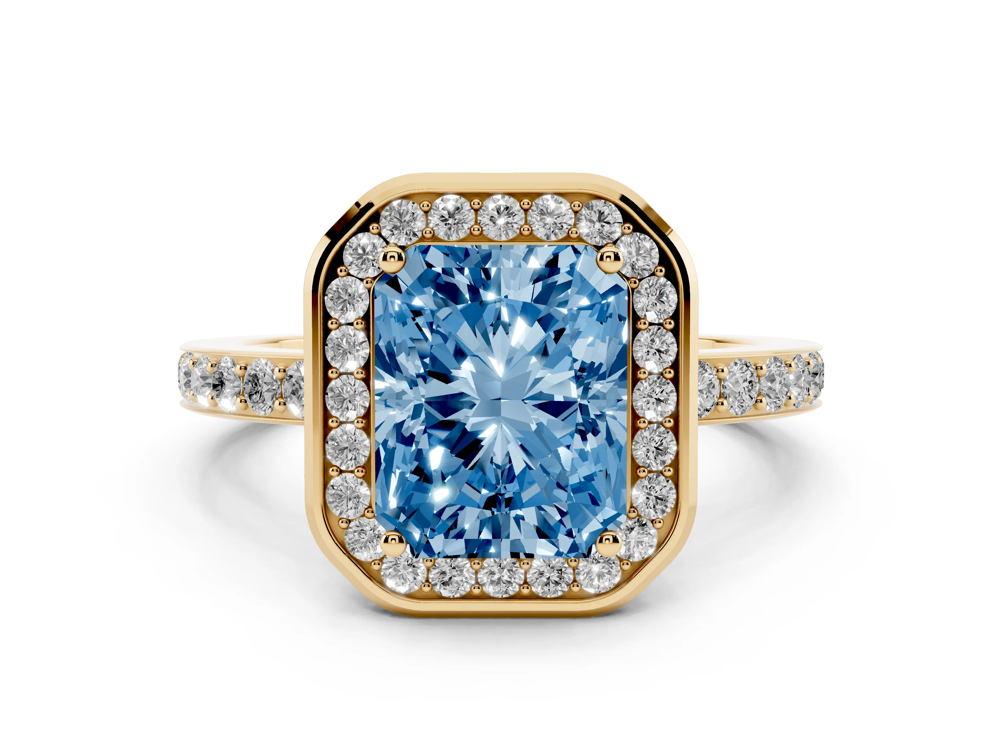 Fancy Blue Radiant Cut Diamond Halo Ring Set in Yellow gold with Bezel Frame and Pavé Band