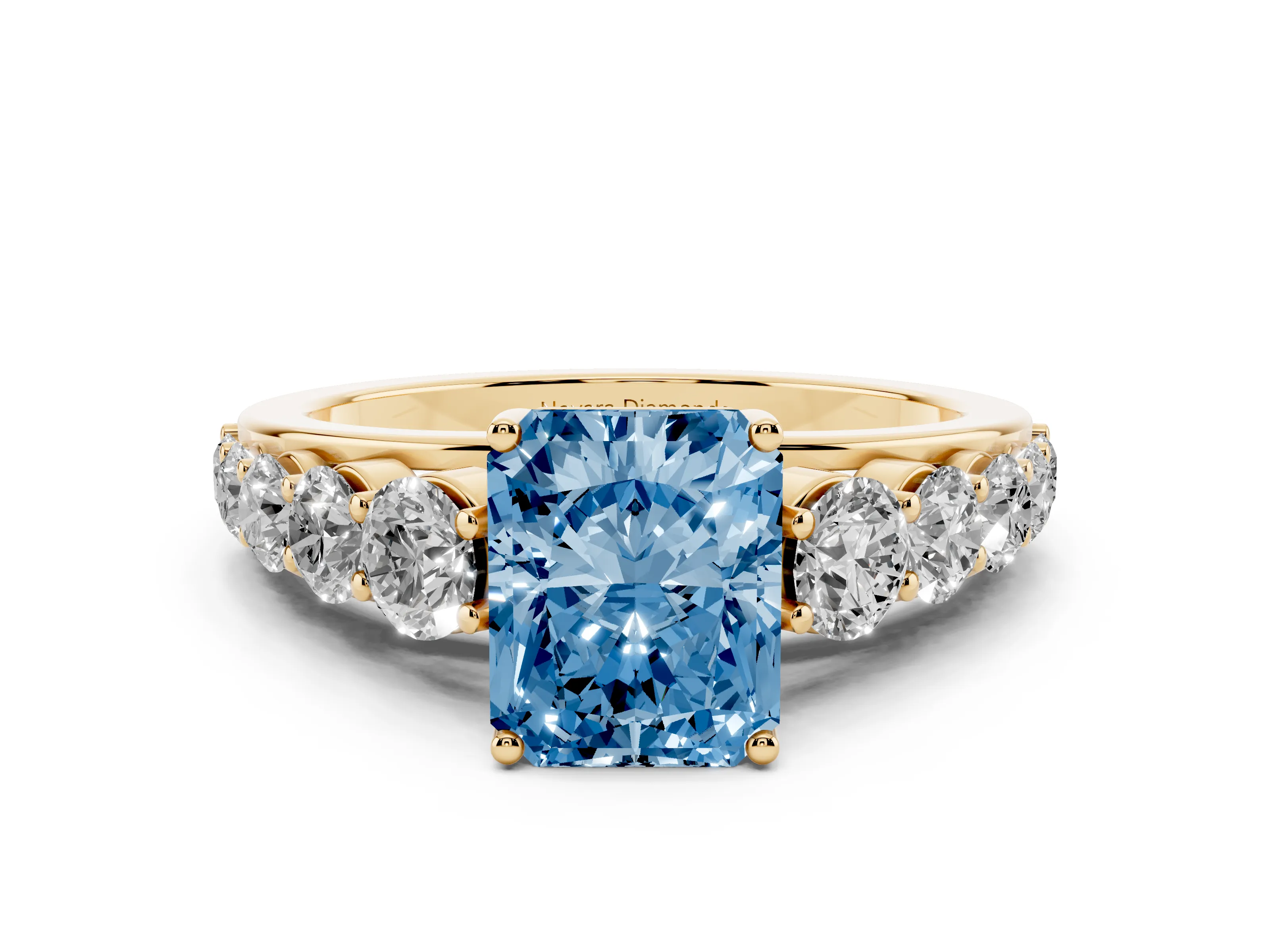 Fancy Blue Radiant Cut Diamond Solitaire Ring Set in Yellow gold with Pavé-Set Band and Prong Setting