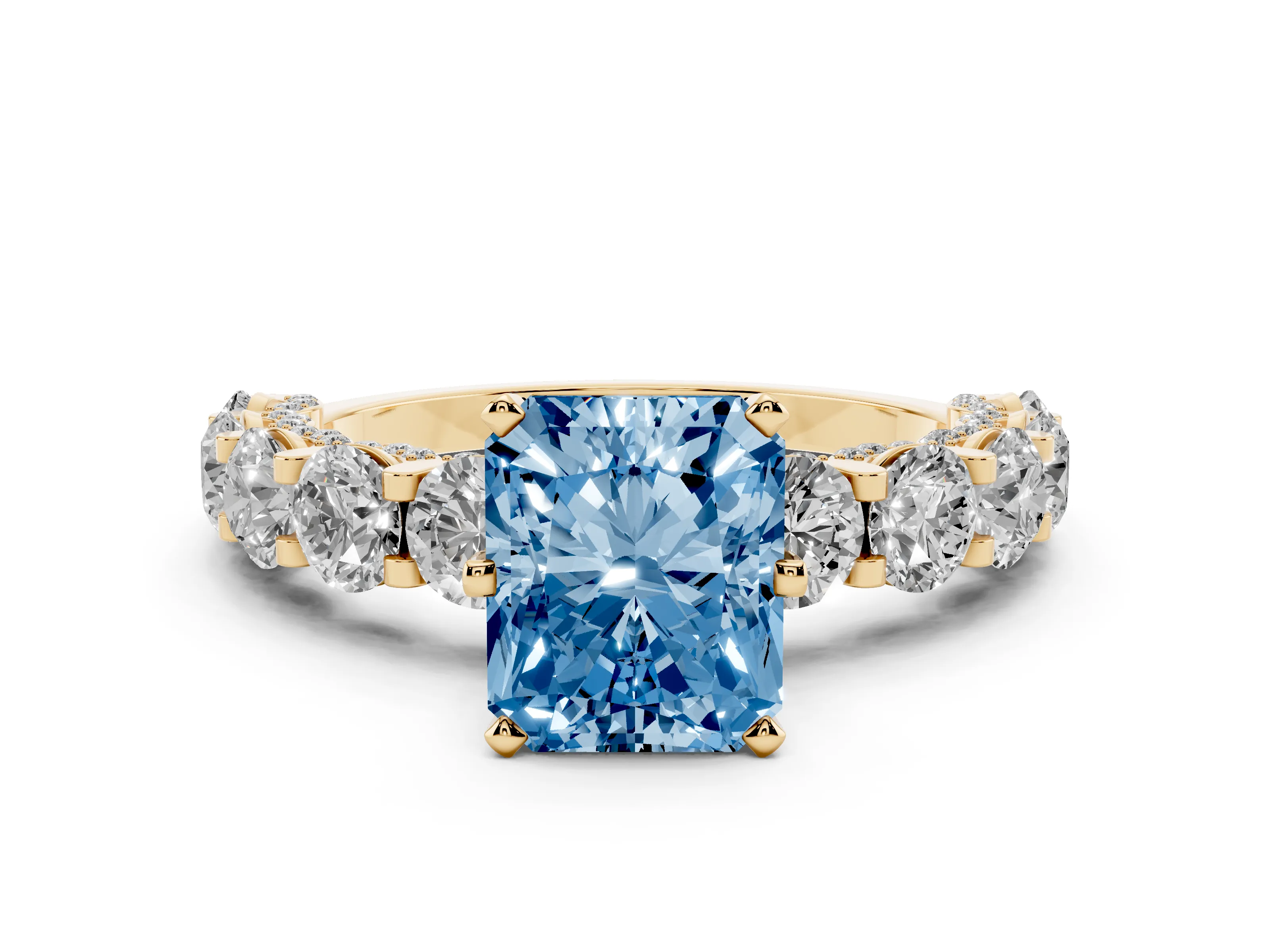 Fancy Blue Radiant Cut Diamond Side Stone Ring Set in Yellow gold with Alternating Round and Oval Side Stones