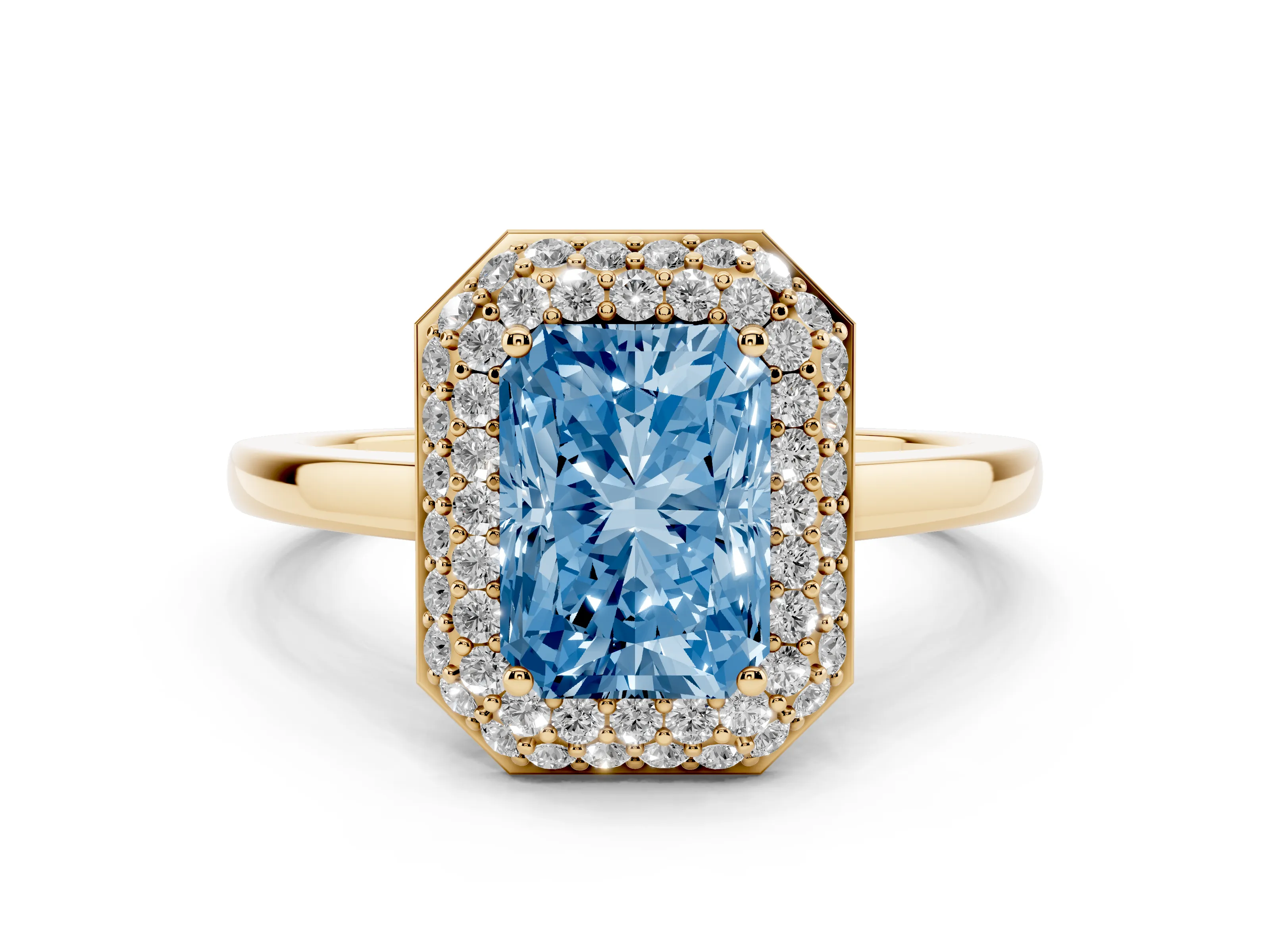 Fancy Blue Radiant Cut Diamond Halo Engagement Ring Set in Yellow gold with Solitaire Band and Prong Setting