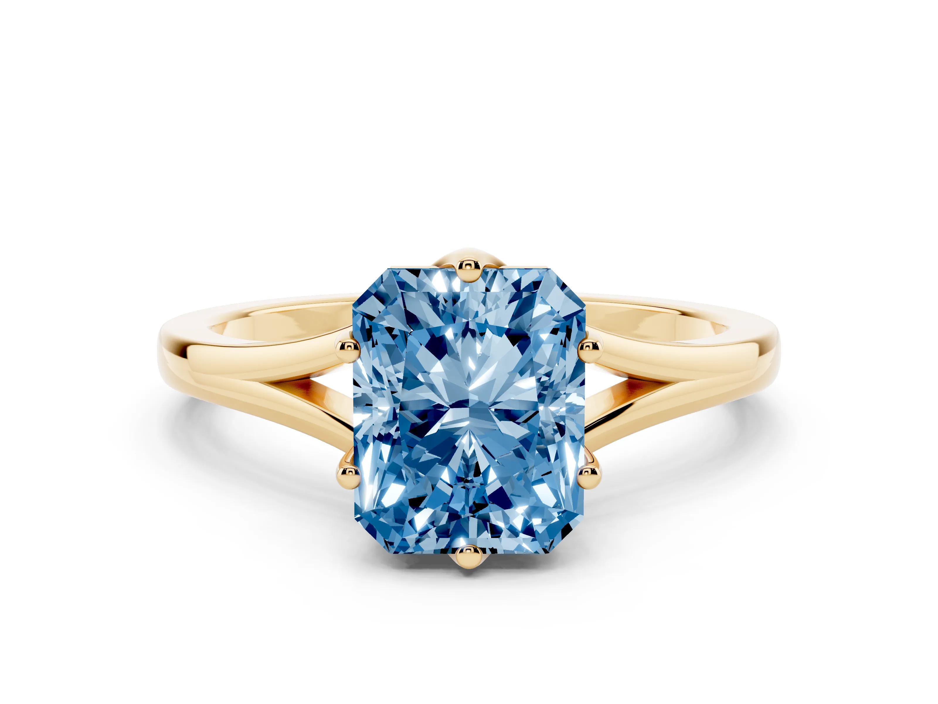 Fancy Blue Radiant Cut Diamond Solitaire Ring Set in Yellow gold with Polished Tapered Band and Prong Setting