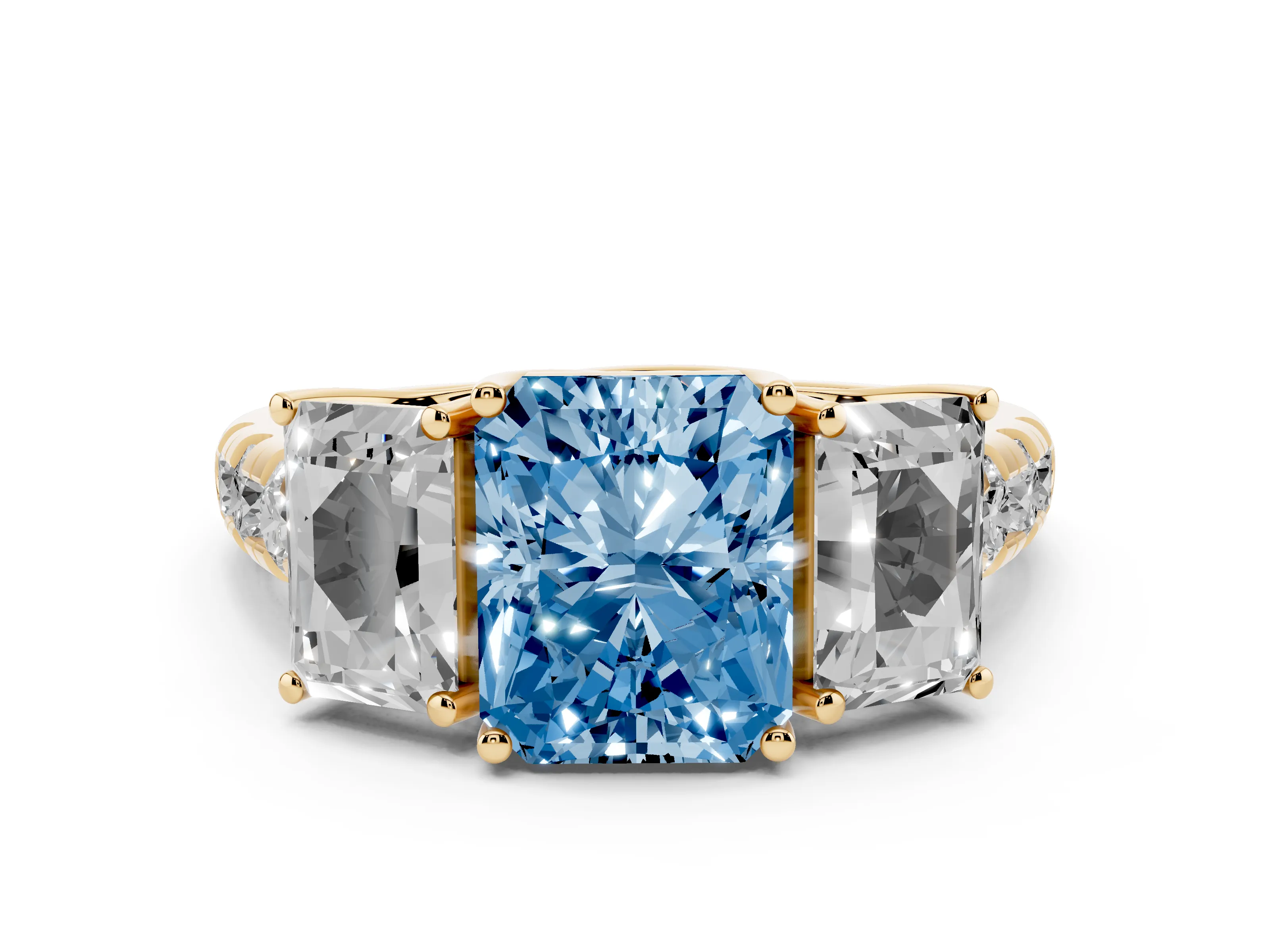 Fancy Blue Radiant Cut Diamond Three-Stone Ring Set in Yellow gold with Pavé Band