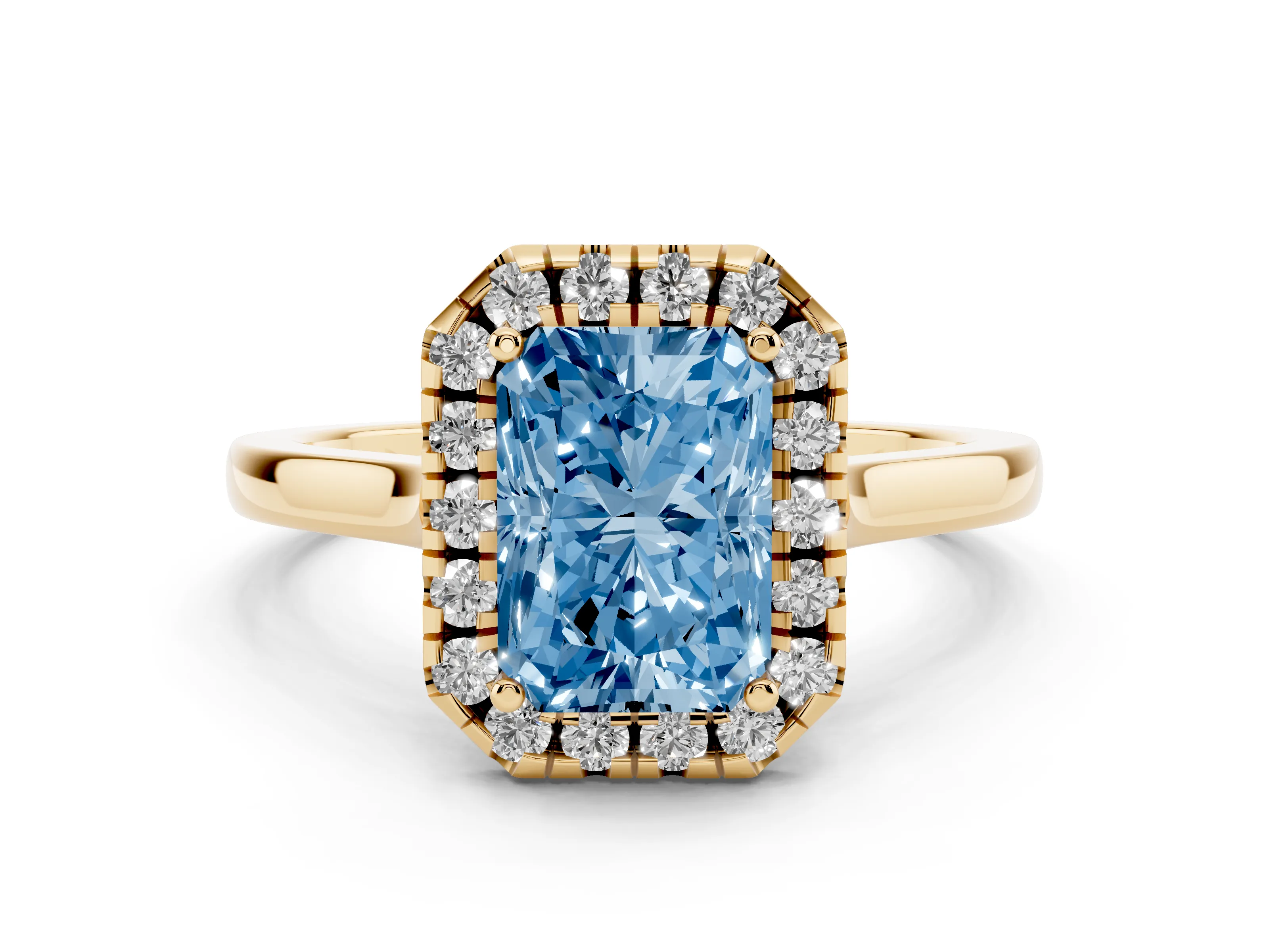Fancy Blue Radiant Cut Halo Round Diamond Solitaire Ring Set in Yellow gold with Pavé Band and Prong Setting