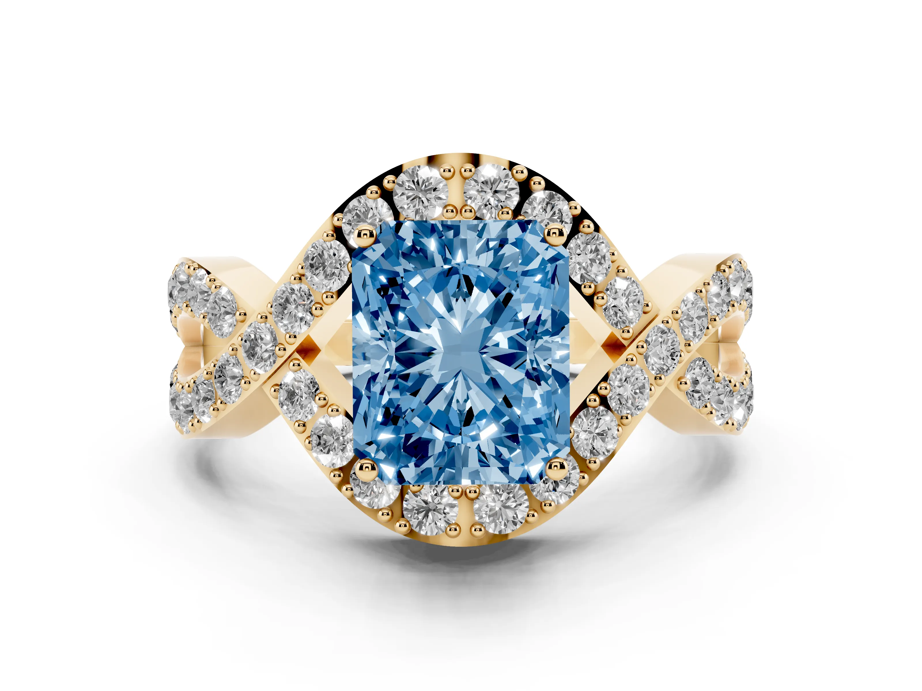 Fancy Blue Radiant Cut Diamond Solitaire Twist Band Pavé Engagement Ring Set in Yellow gold