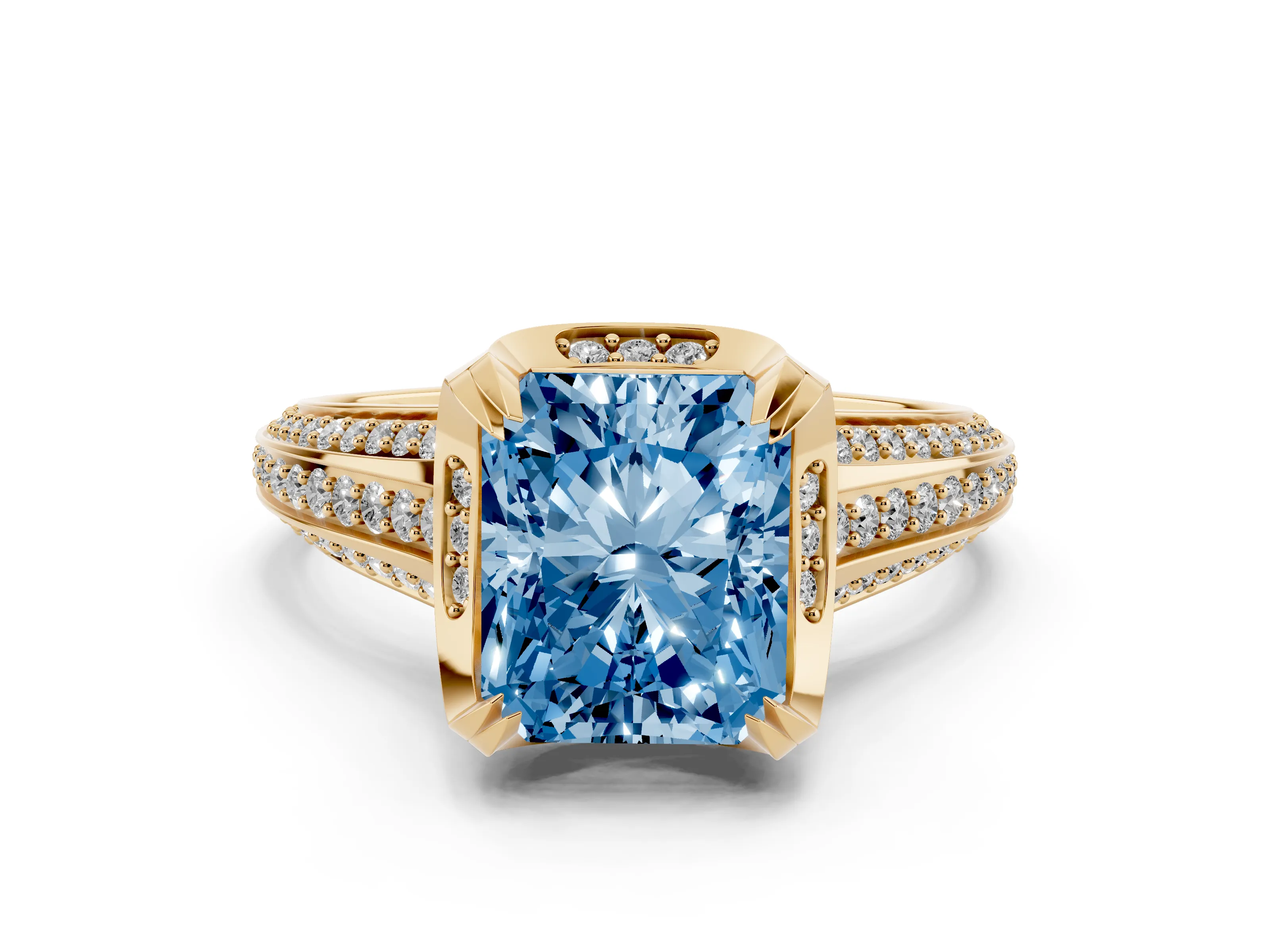 Fancy Blue Radiant Cut Diamond Pavé Split Shank Solitaire Ring Set in Yellow gold with Prong Setting