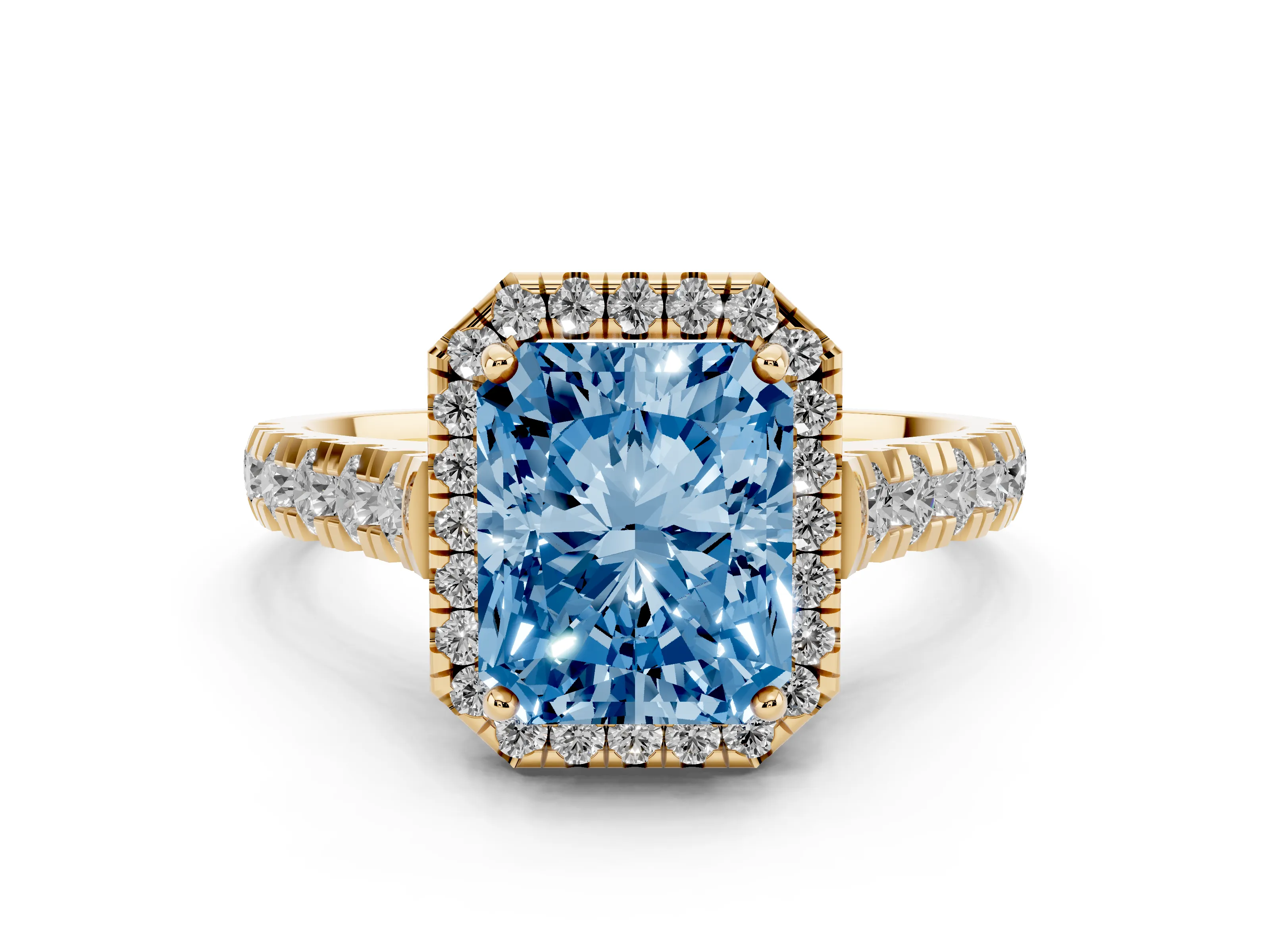 Fancy Blue Radiant Cut Diamond Halo Engagement Ring Set in Yellow gold with Pavé Band and Prong-Set Center