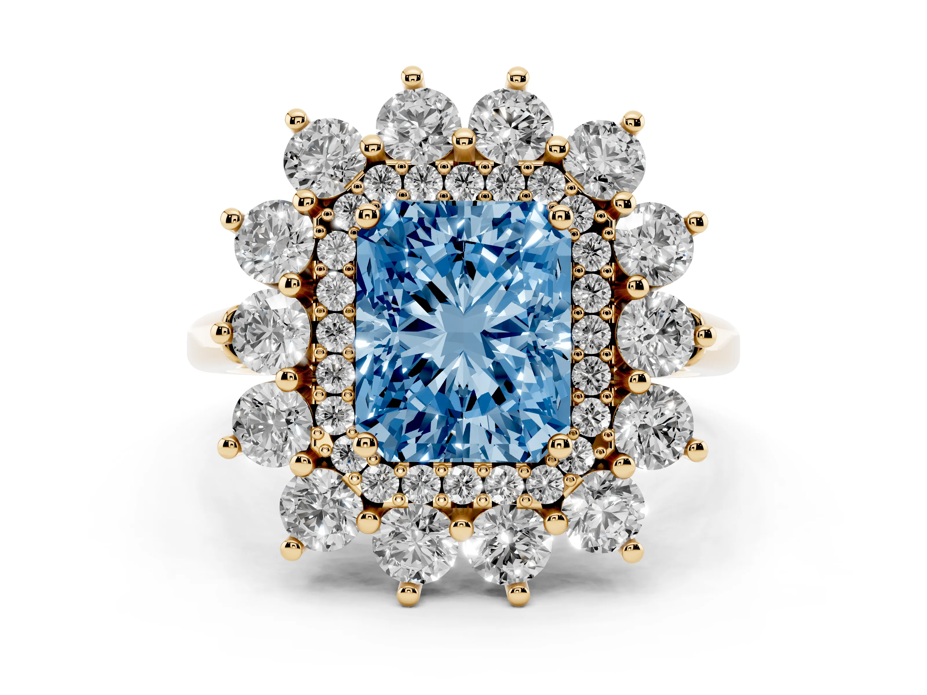 Fancy Blue Radiant Cut Diamond Floral Double Halo Ring Set in Yellow gold with Round Petals
