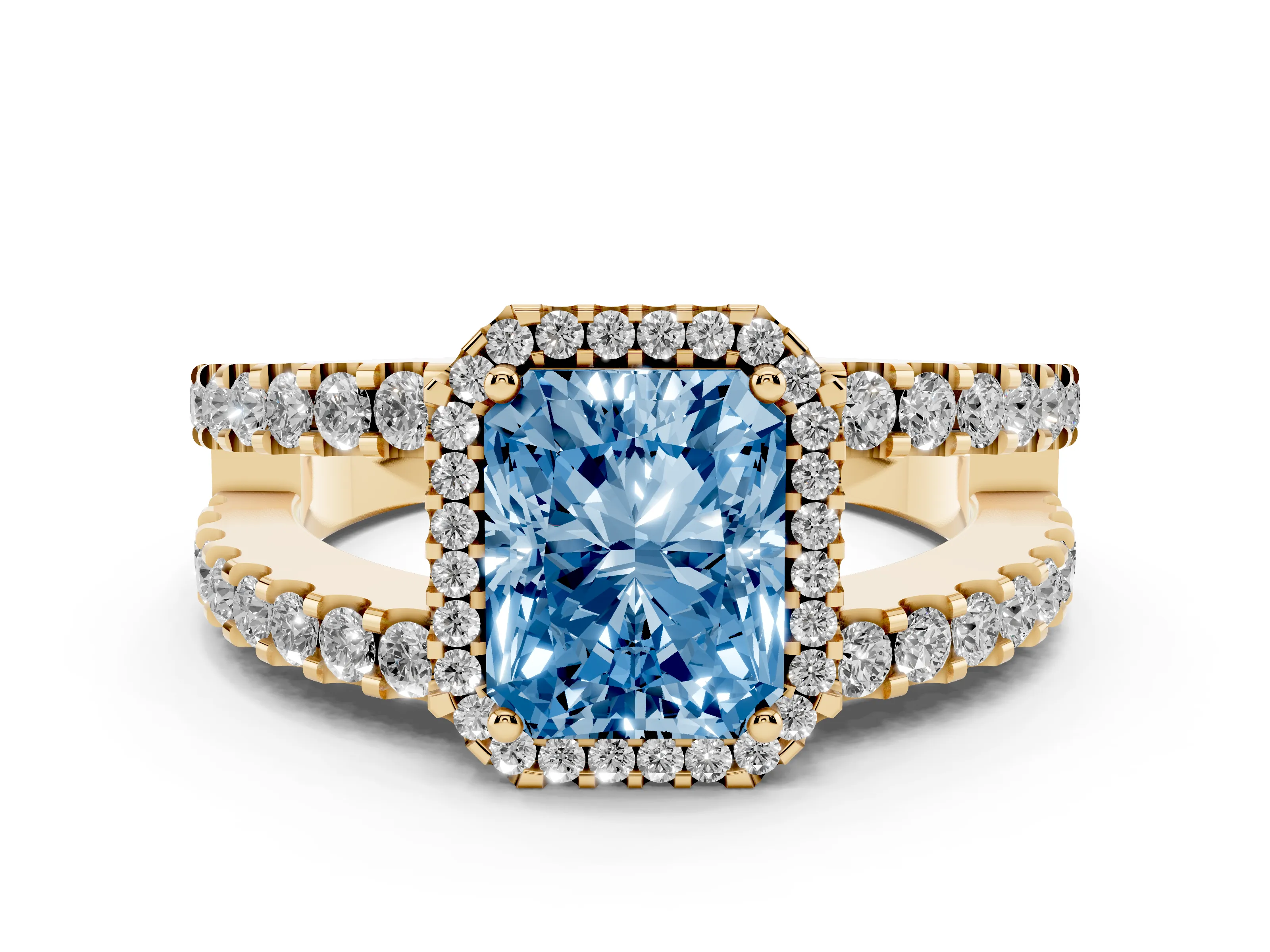 Fancy Blue Radiant Cut Diamond Halo Ring Set in Yellow gold with Pavé Split Shank and Prong Setting
