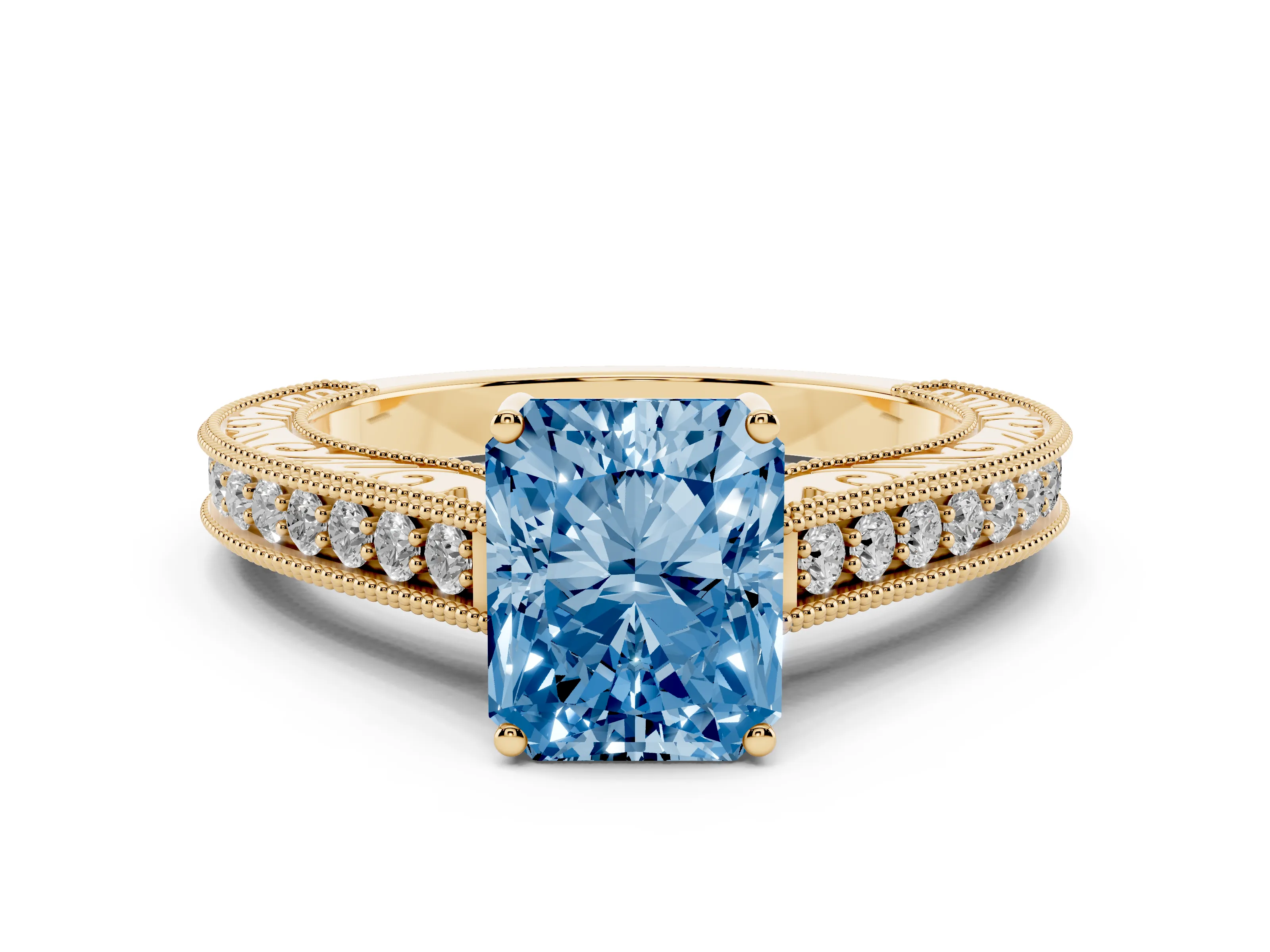 Fancy Blue Radiant Cut Diamond Milgrain Pavé Band Solitaire Ring Set in Yellow gold with Prong Setting