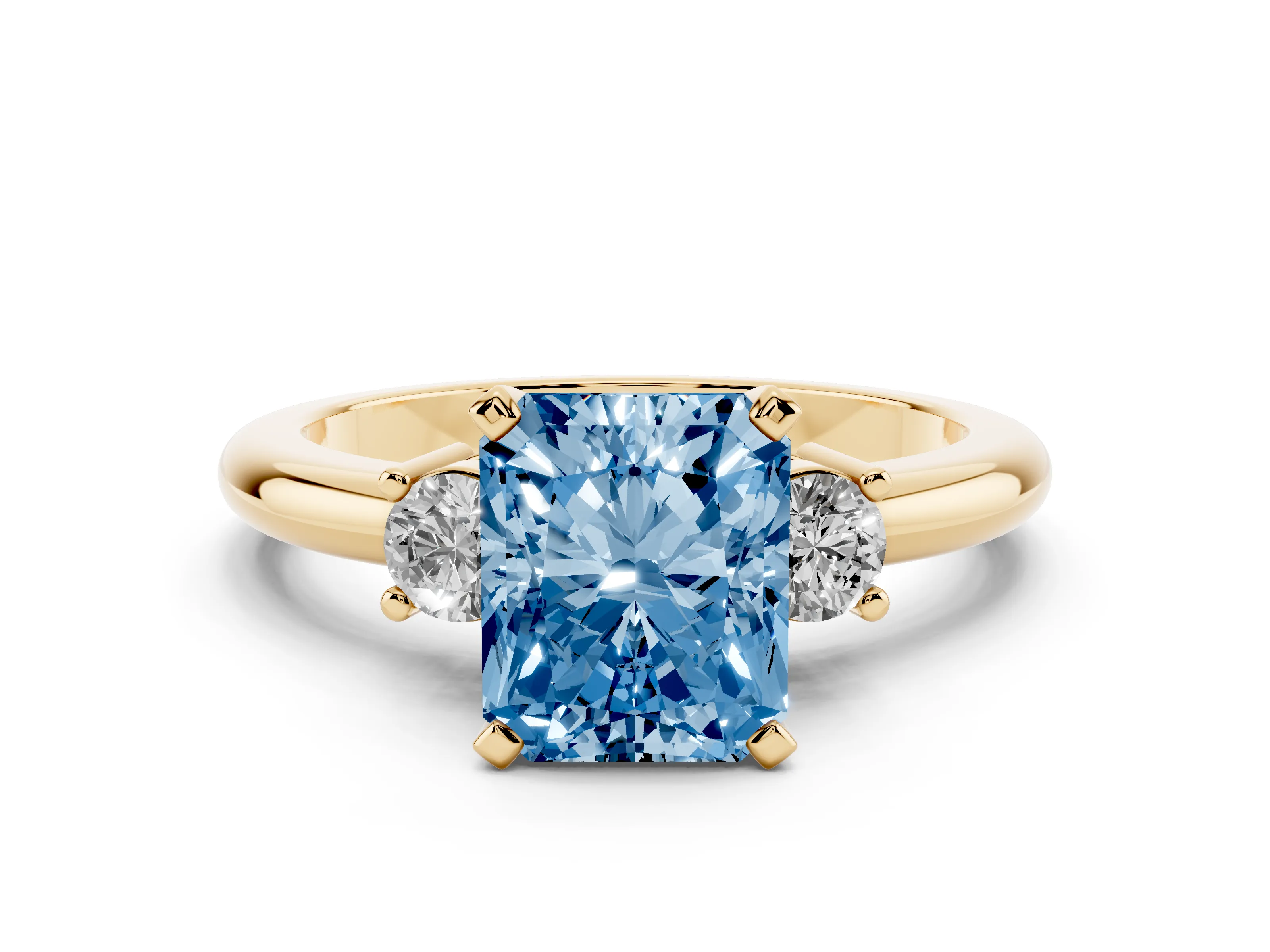Fancy Blue Three-Stone Radiant Cut Diamond Ring Set in Yellow gold with Prong Setting and Plain Band