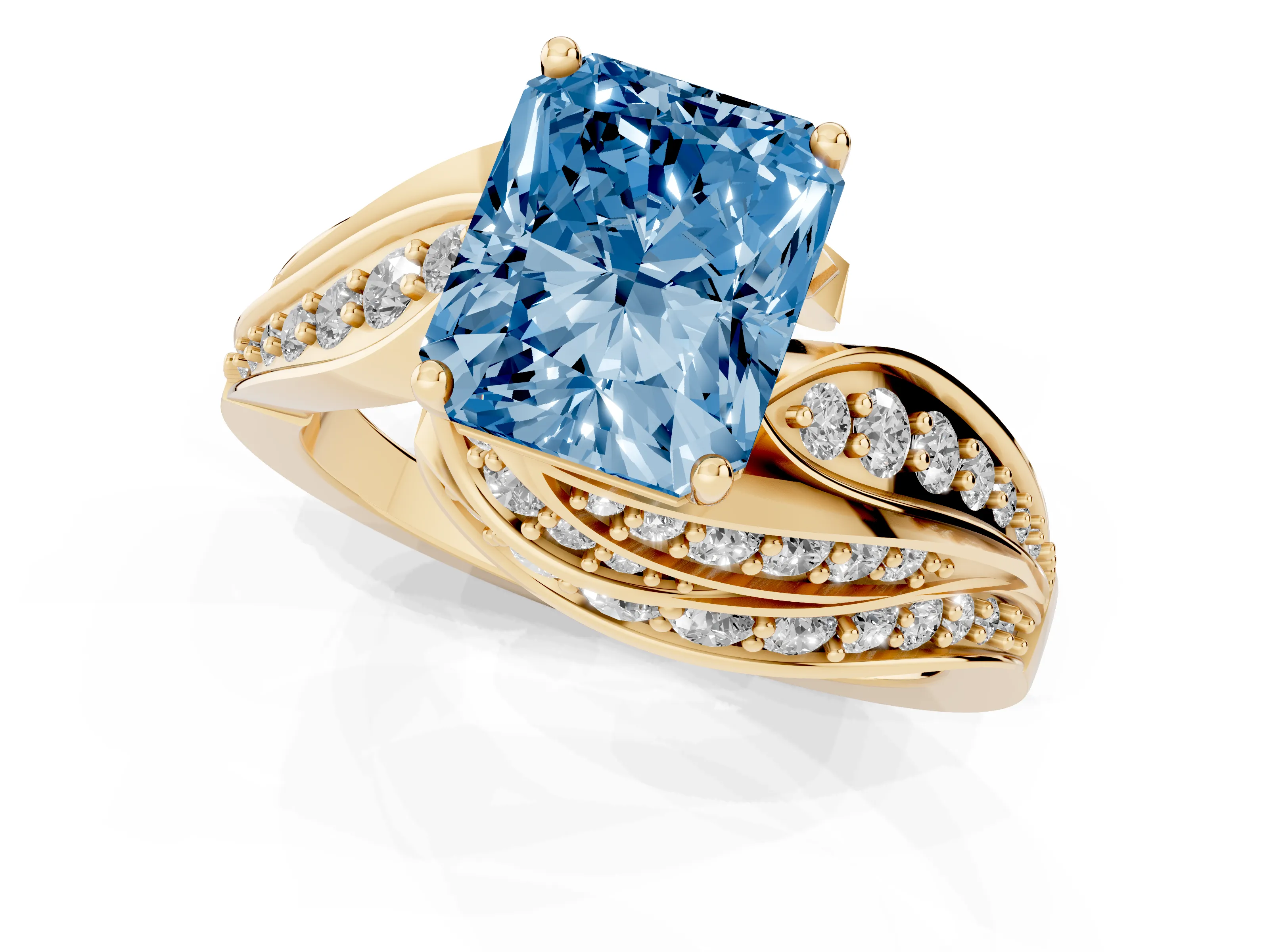 Fancy Blue Radiant Cut Diamond Solitaire Ring Set in Yellow gold with Layered Twist Pavé Band