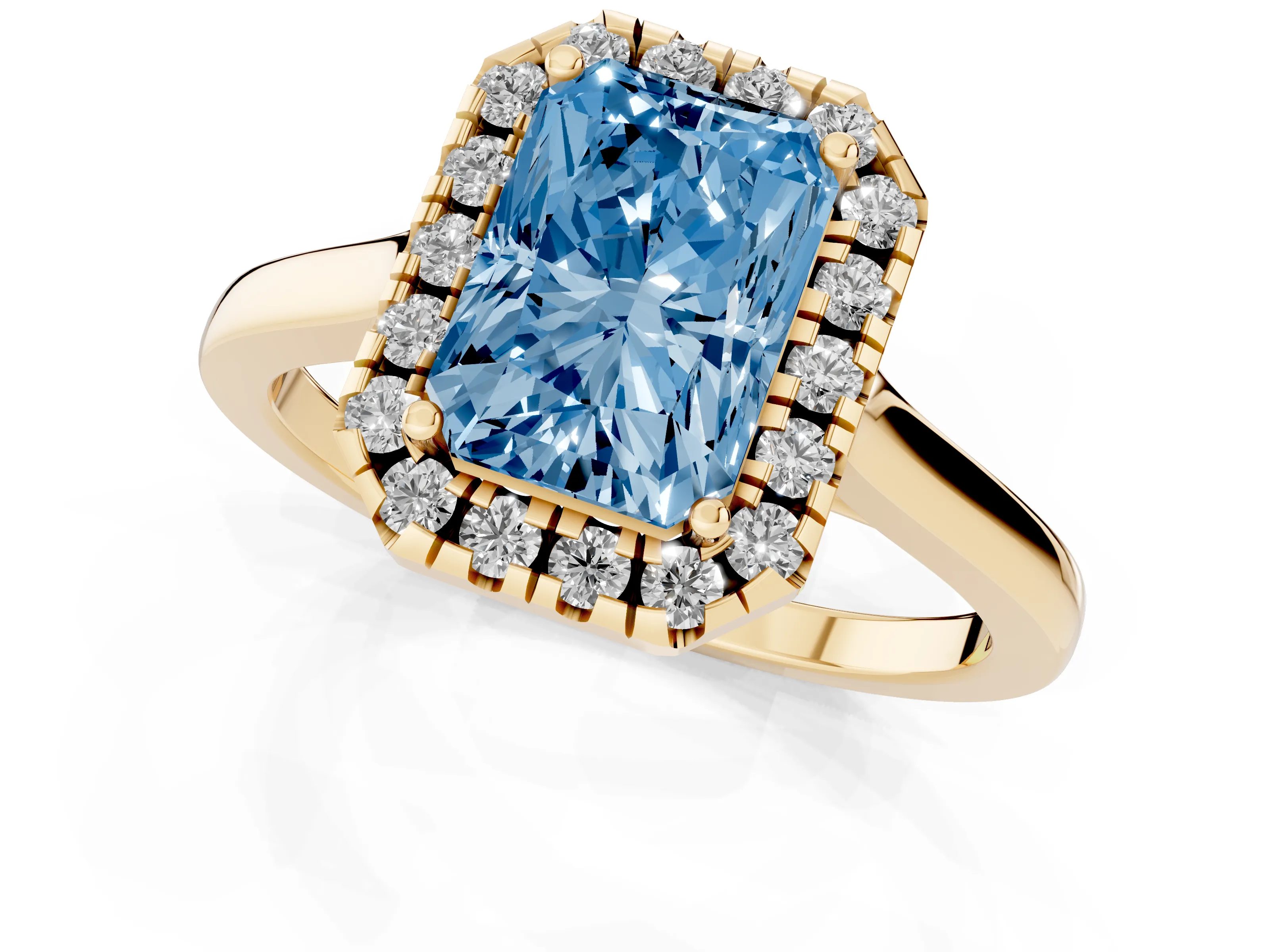 Fancy Blue Radiant Cut Halo Round Diamond Solitaire Ring Set in Yellow gold with Pavé Band and Prong Setting