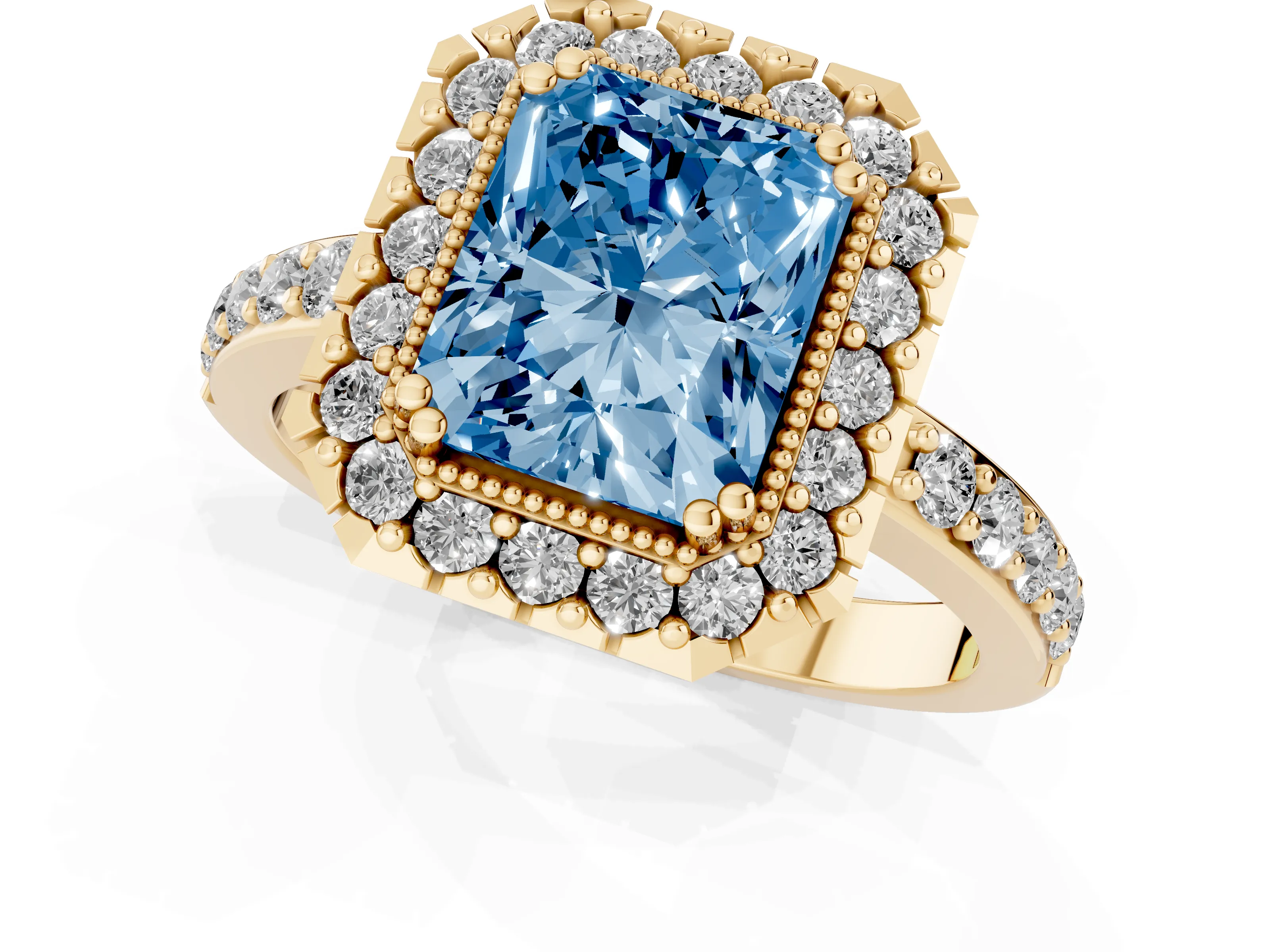Fancy Blue Radiant Cut Diamond Halo Ring Set in Yellow gold with Pavé Shank and Prong Setting