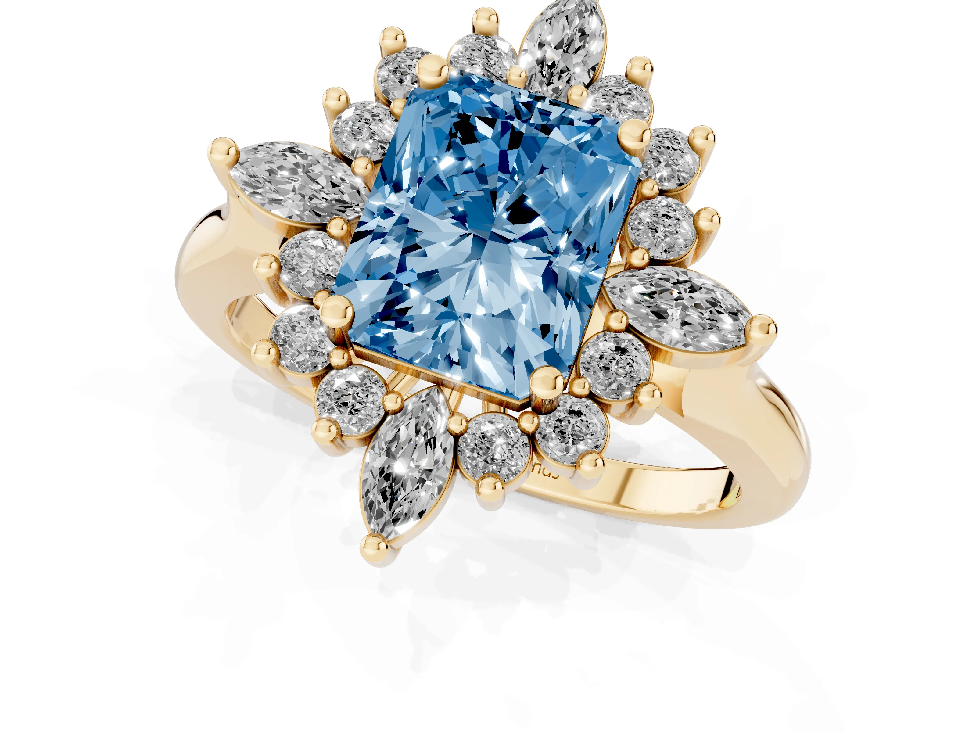 Fancy Blue Radiant Cut Diamond Cluster Halo Ring Set in Yellow gold with Marquise and Round Accents