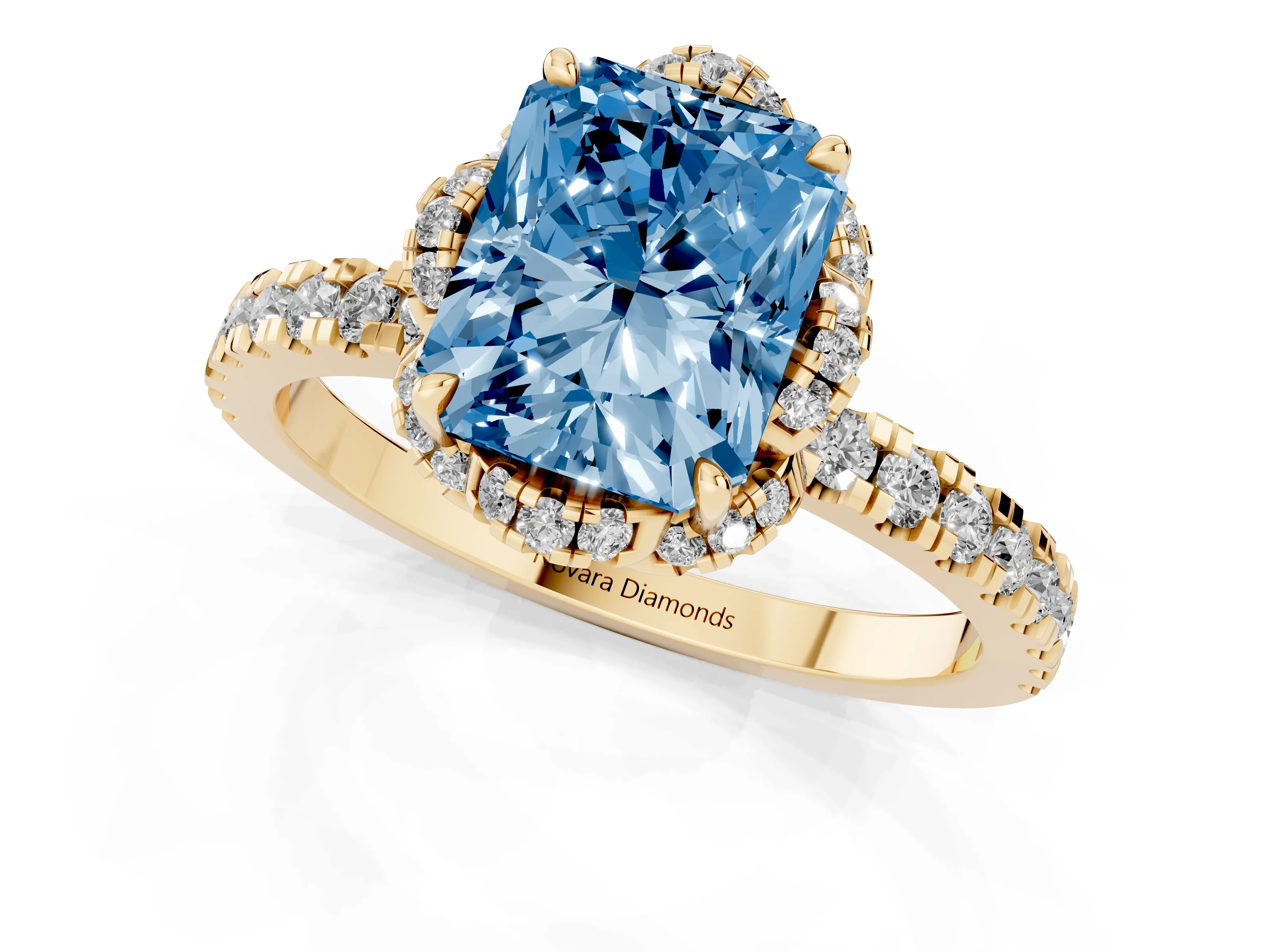 Fancy Blue Radiant Cut Diamond Halo Pavé Band Ring Set in Yellow gold with Prong-Held Center
