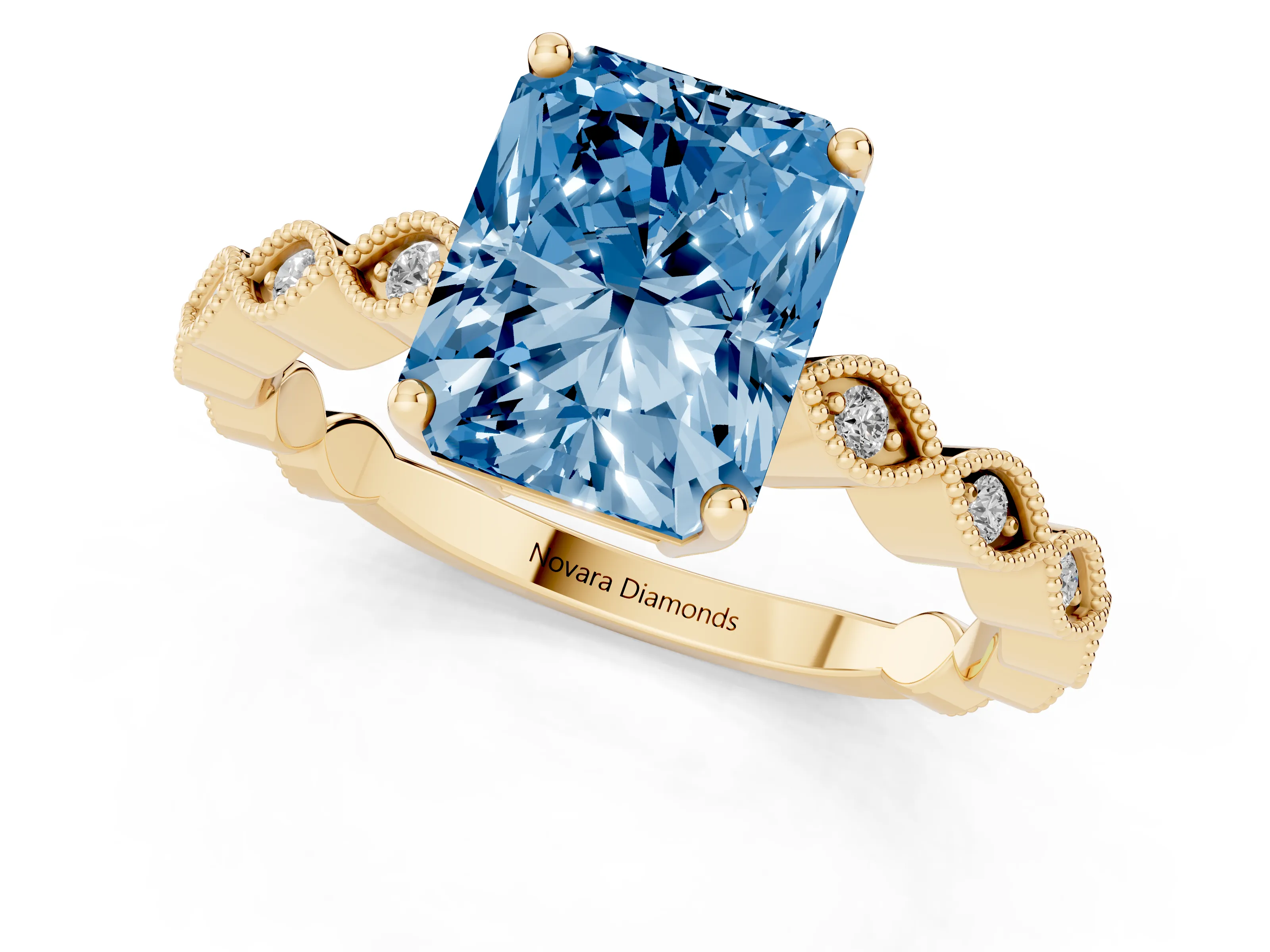 Fancy Blue Radiant Cut Diamond Solitaire Ring Set in Yellow gold with Infinity Twist Pavé Band
