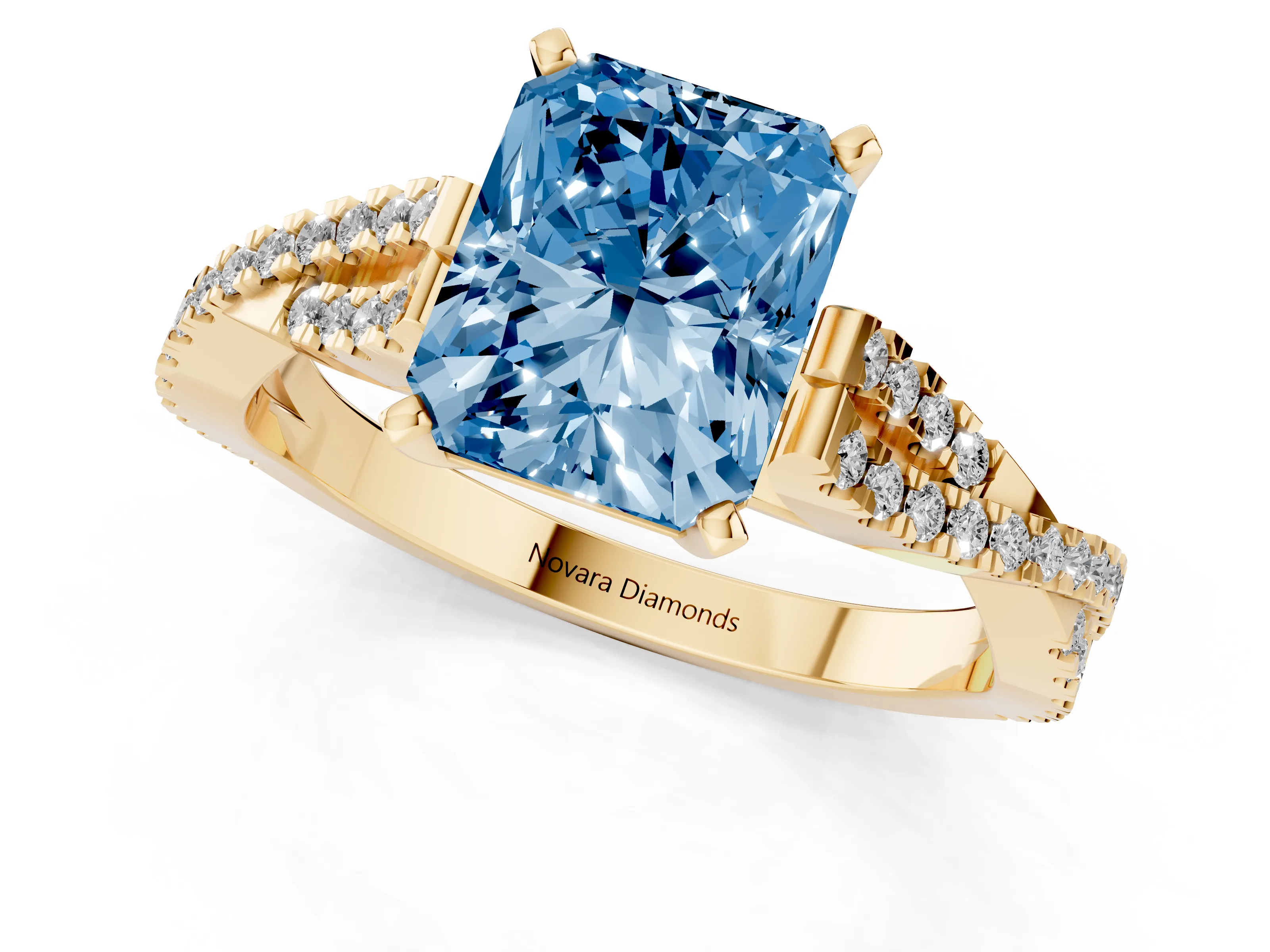 Fancy Blue Radiant Cut Diamond Solitaire Engagement Ring Set in Yellow gold with Twisted Pavé Band and Prong Setting