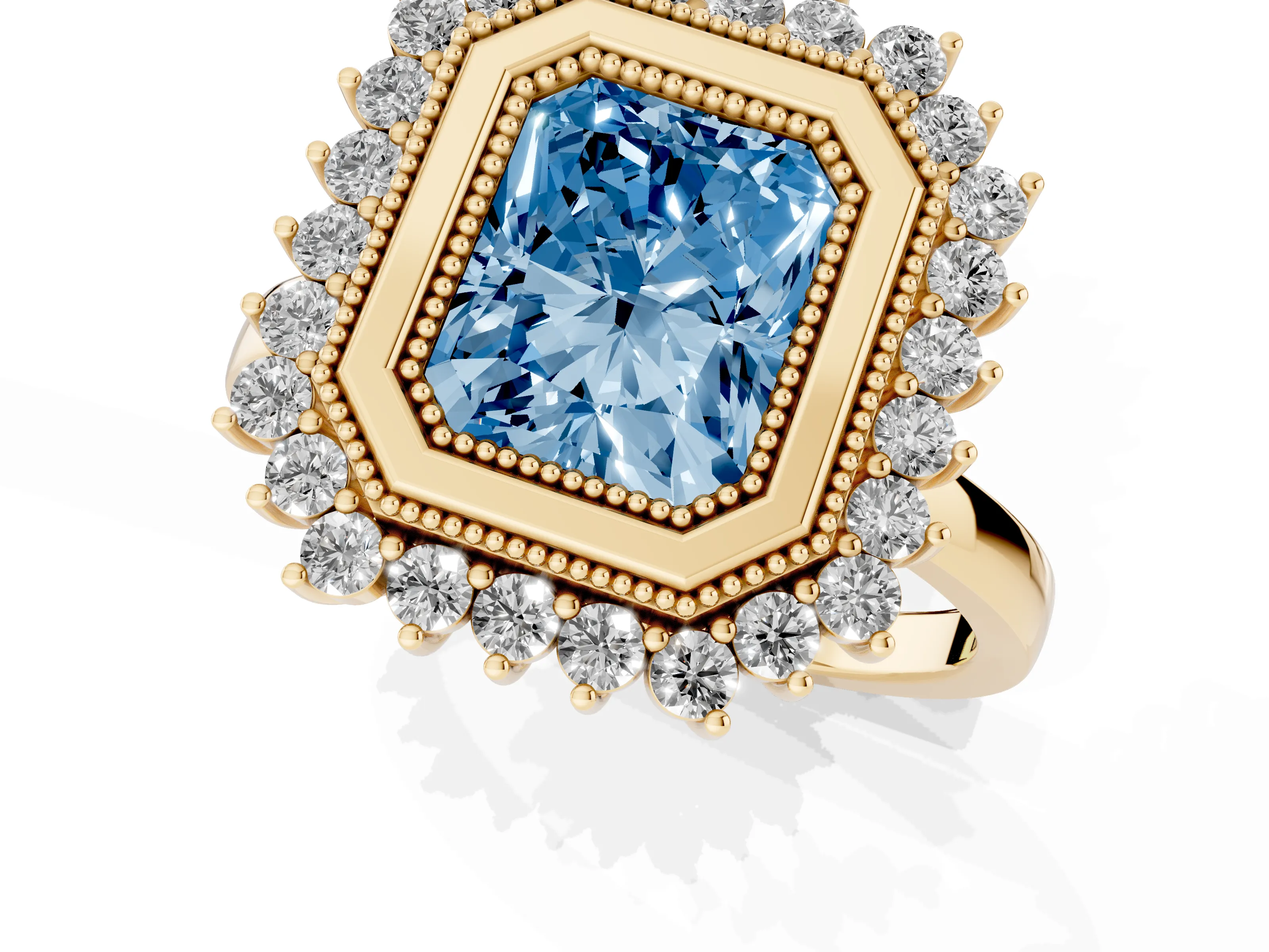 Fancy Blue Radiant Cut Diamond Halo Ring Set in Yellow gold with Milgrain Edge and Round Prong Setting