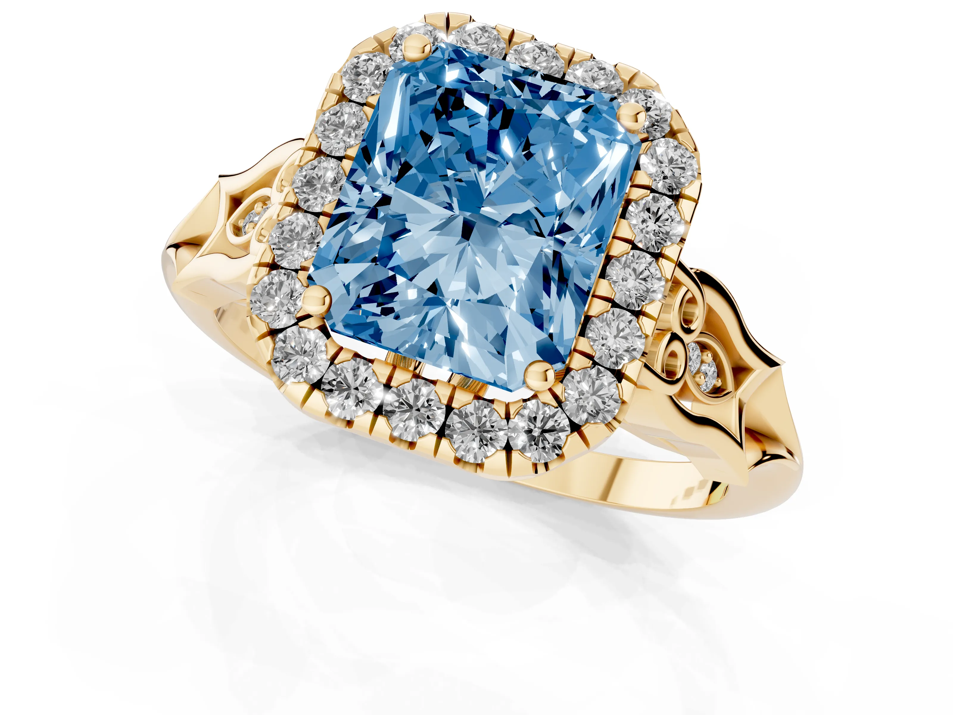 Fancy Blue Radiant Cut Diamond Halo Engagement Ring Set in Yellow gold with Filigree Band and Prong-Set Center