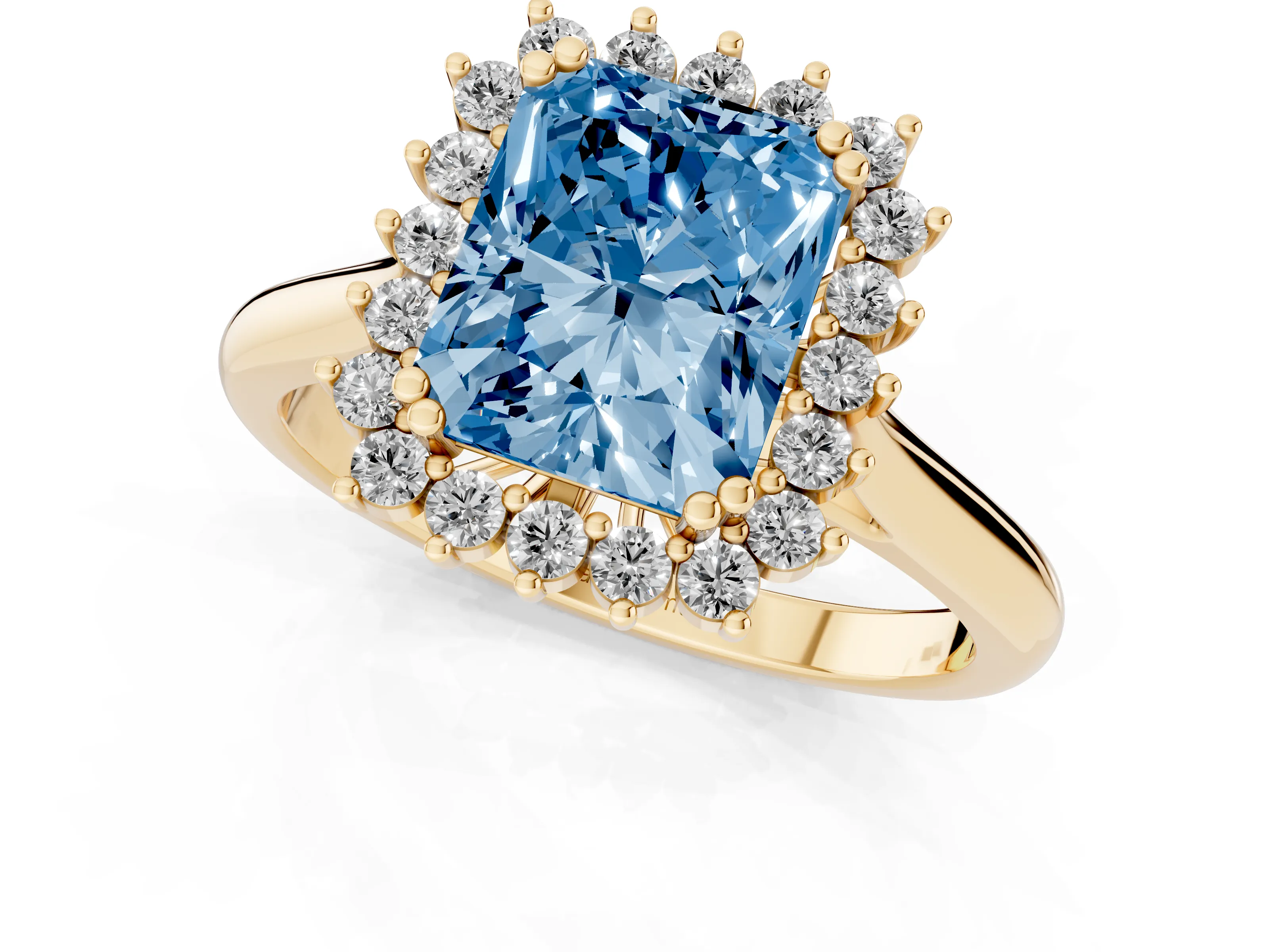 Fancy Blue Radiant Cut Diamond Halo Ring Set in Yellow gold with Plain Solitaire Band and Prong Setting
