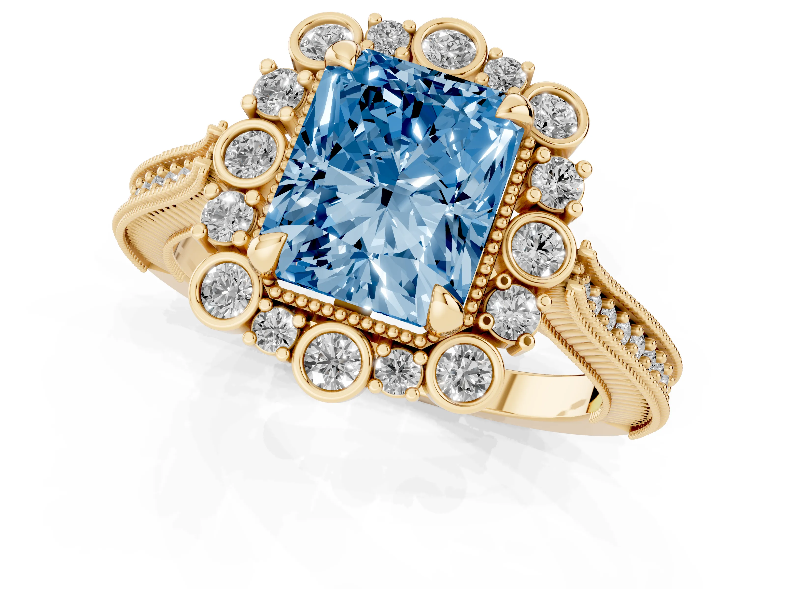 Fancy Blue Radiant Cut Diamond Halo Milgrain Pavé Ring Set in Yellow gold with Prong Setting