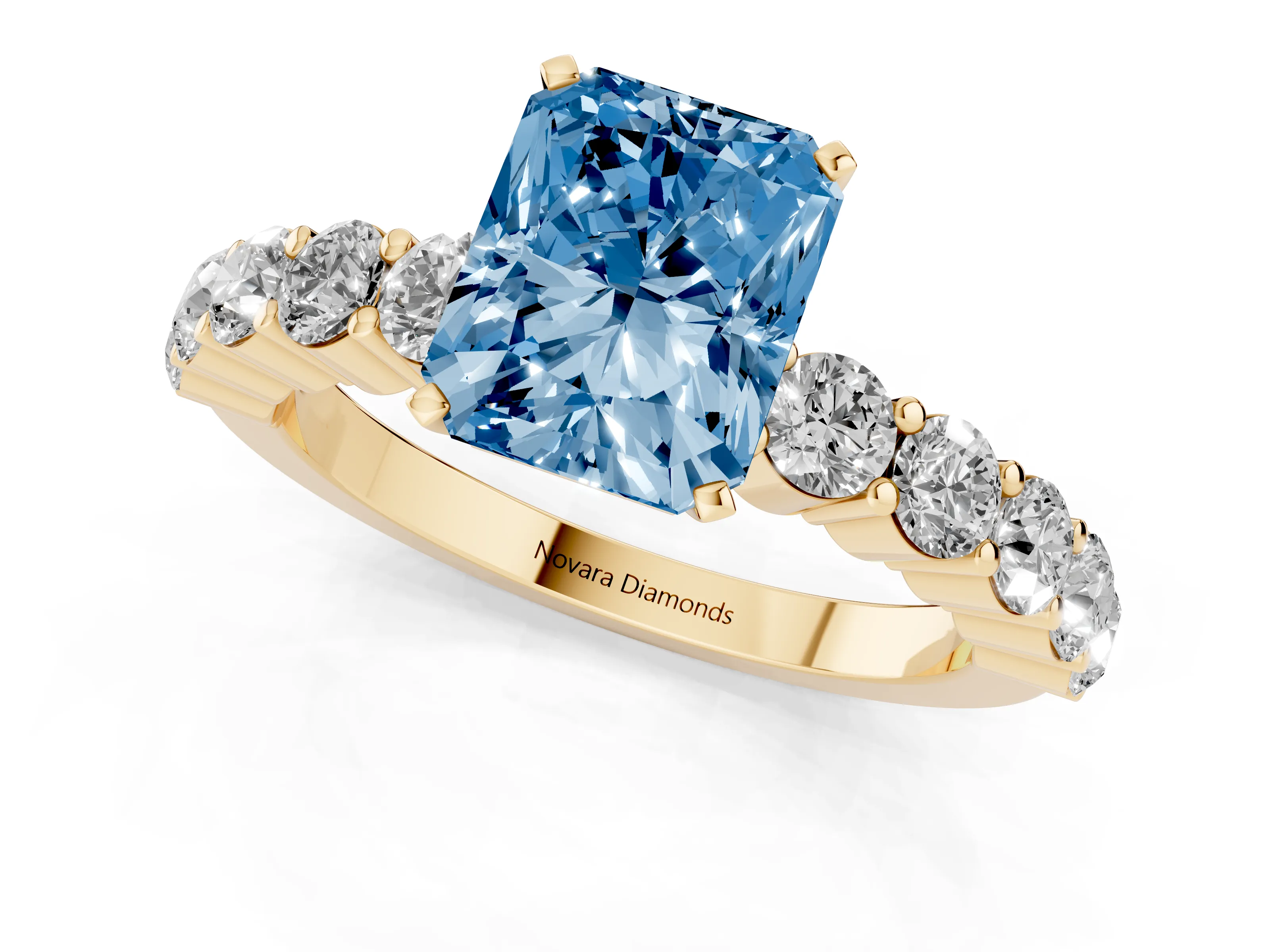 Fancy Blue Radiant Cut Diamond Solitaire Ring Set in Yellow gold with Shared Prong Round Side Stones