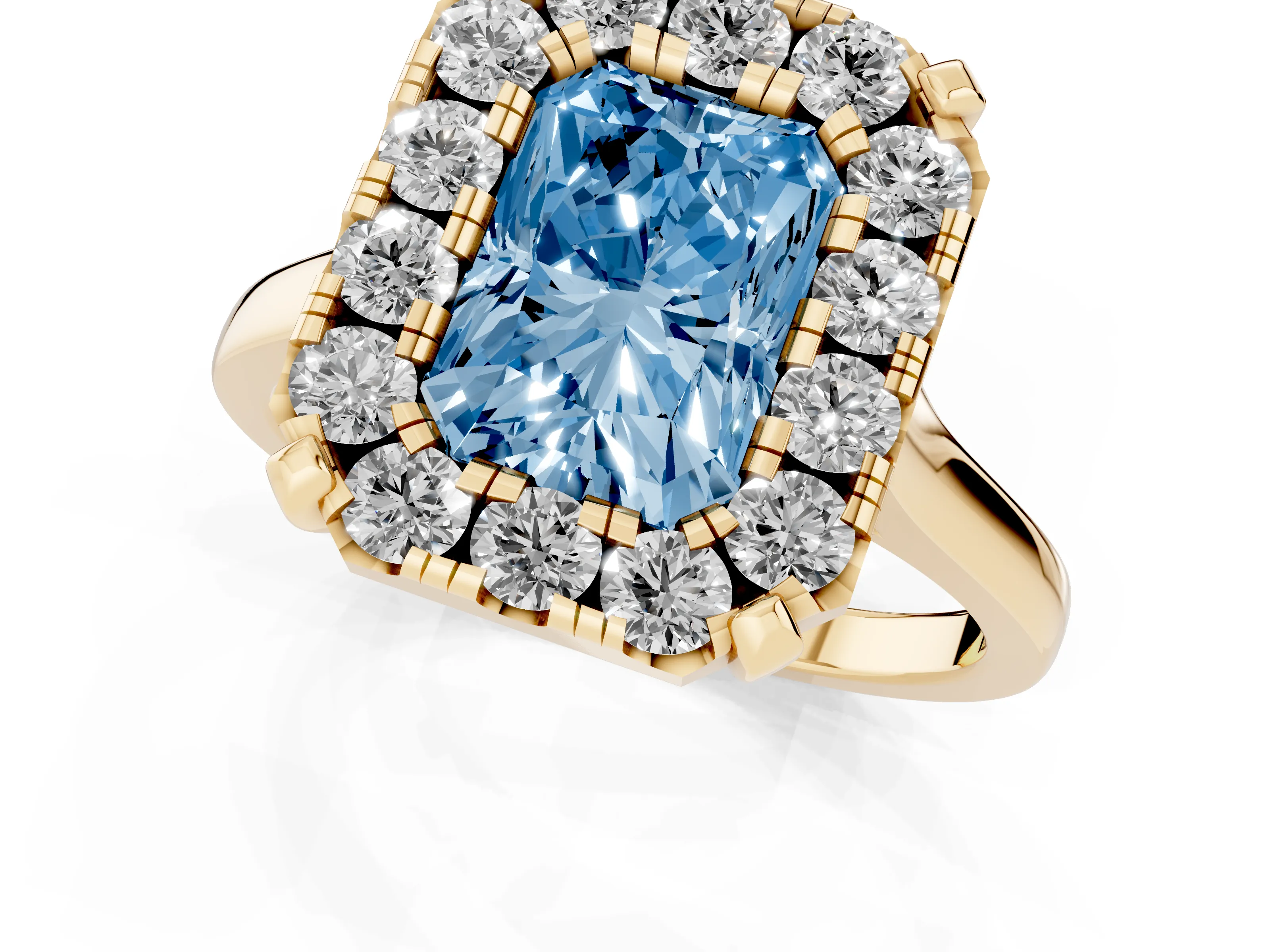 Fancy Blue Radiant Cut Diamond Cluster Halo Solitaire Ring Set in Yellow gold with Prong Setting