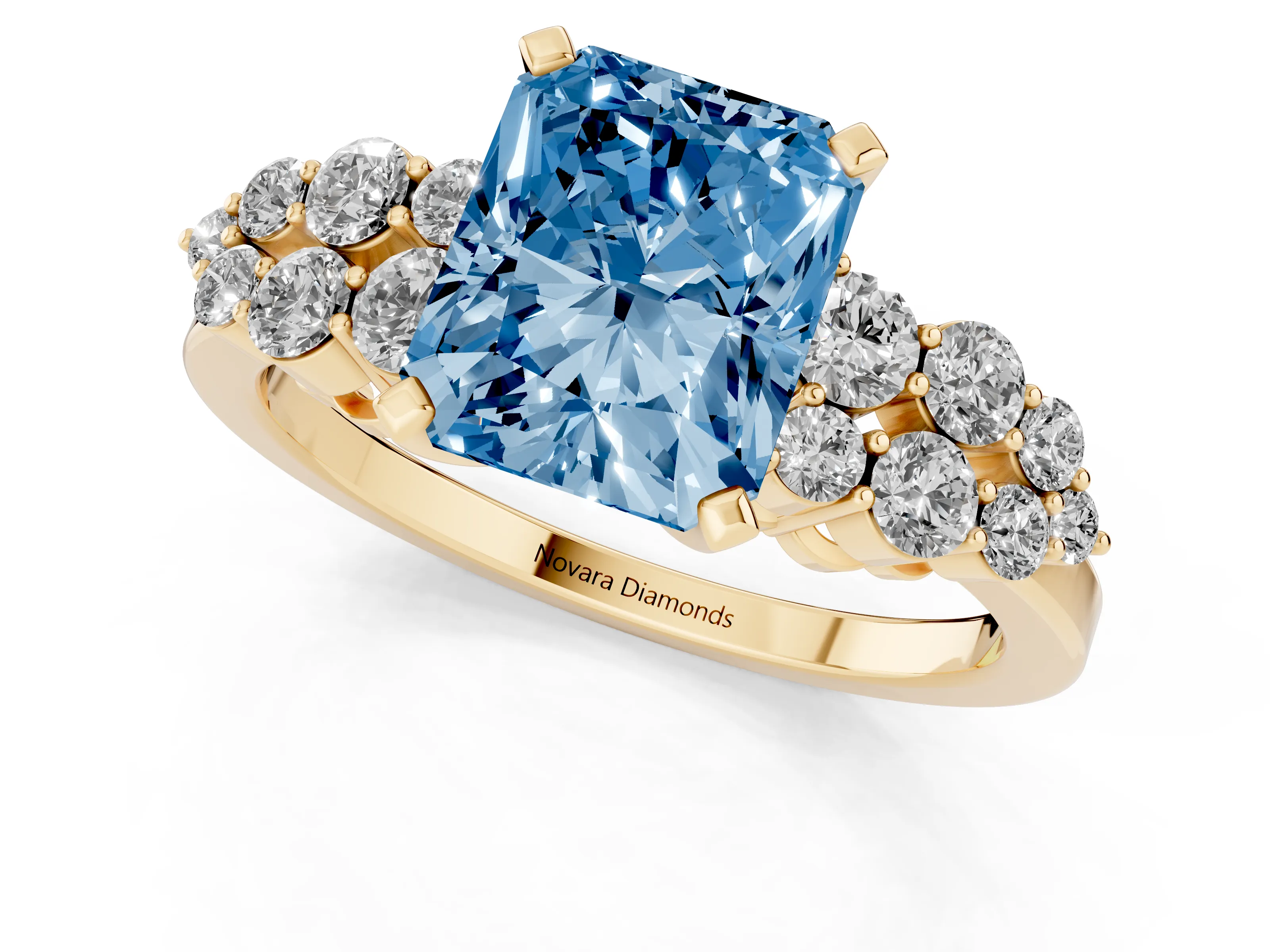 Fancy Blue Radiant Cut Diamond Cluster Engagement Ring Set in Yellow gold with Pavé Band and Prong Setting