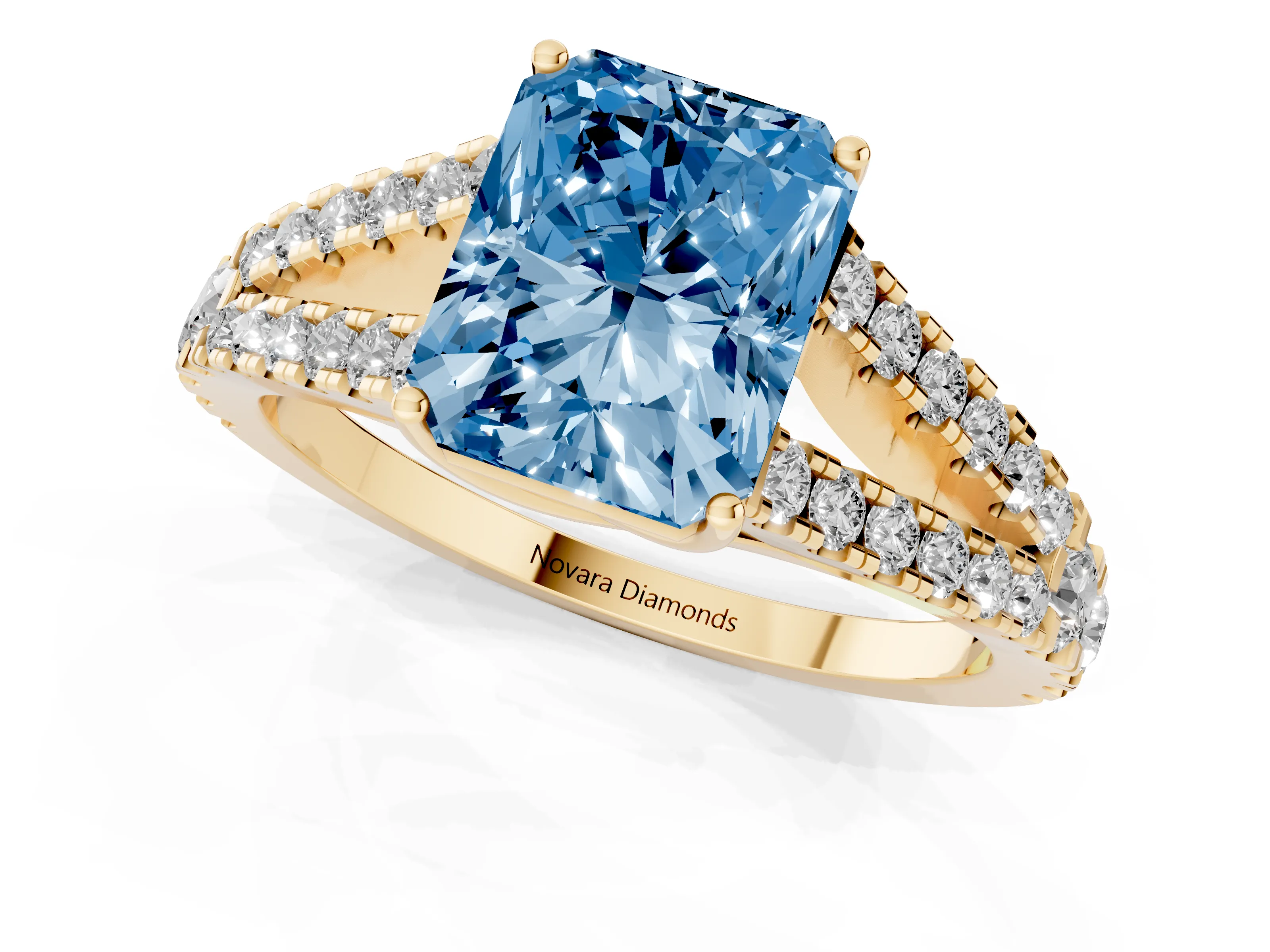 Fancy Blue Radiant Cut Diamond Split Shank Pavé Engagement Ring Set in Yellow gold with Prong-Held Center Stone