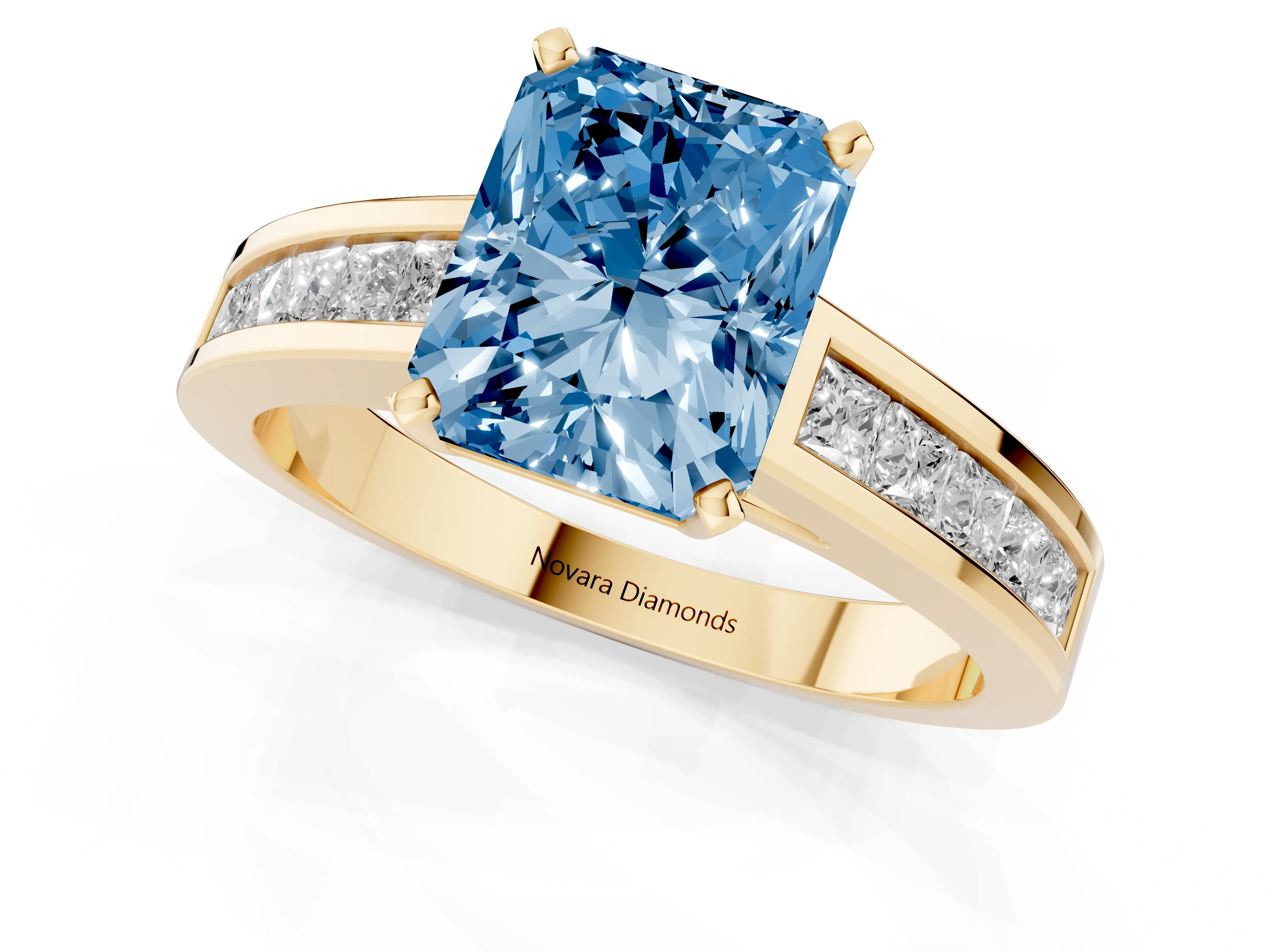 Fancy Blue Radiant Cut Diamond Solitaire Ring Set in Yellow gold with Channel-Set Band and Prong Setting