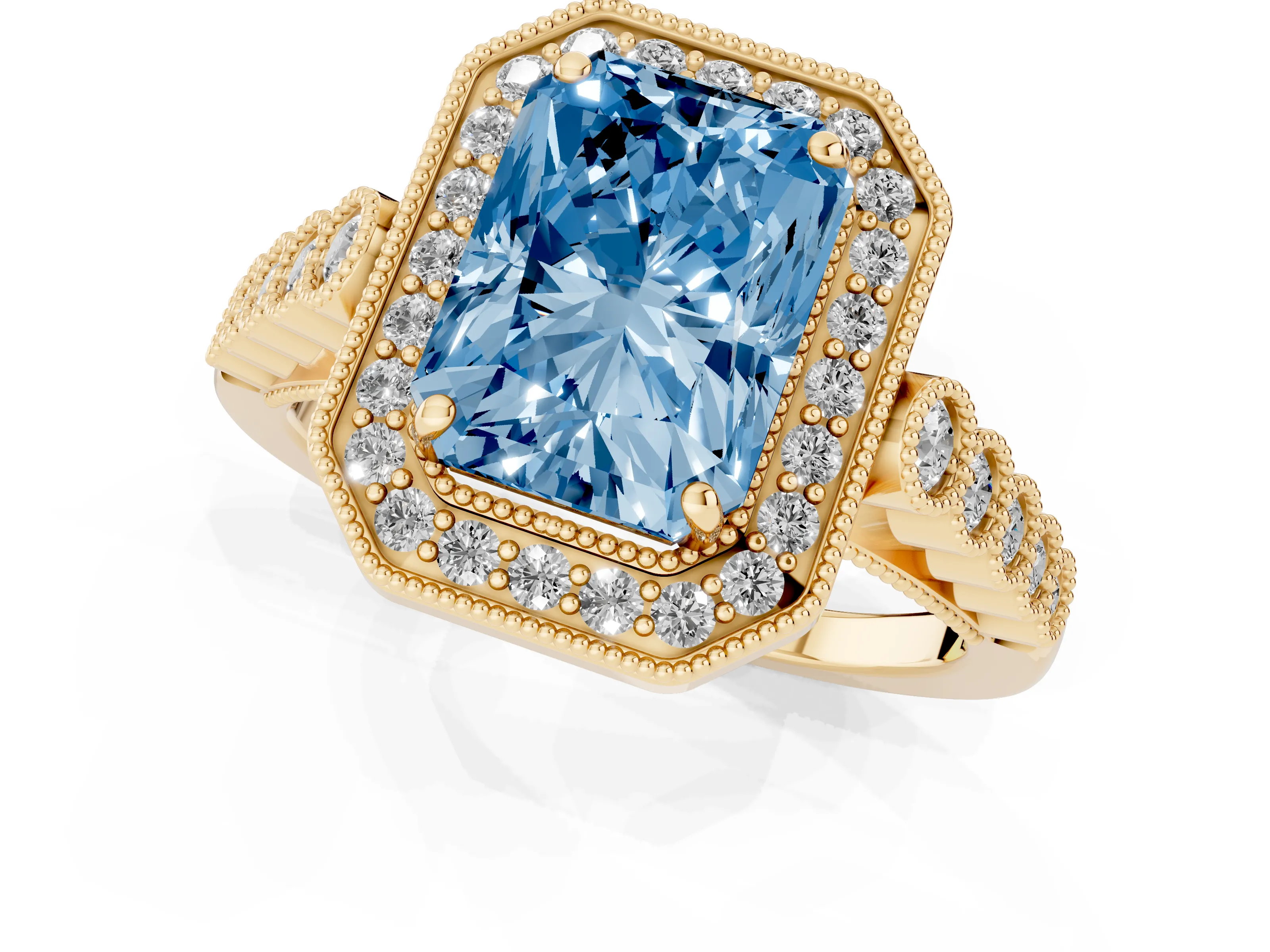 Fancy Blue Radiant Cut Diamond Milgrain Halo Solitaire Ring Set in Yellow gold with Bezel Set Side Stones and Pavé Band