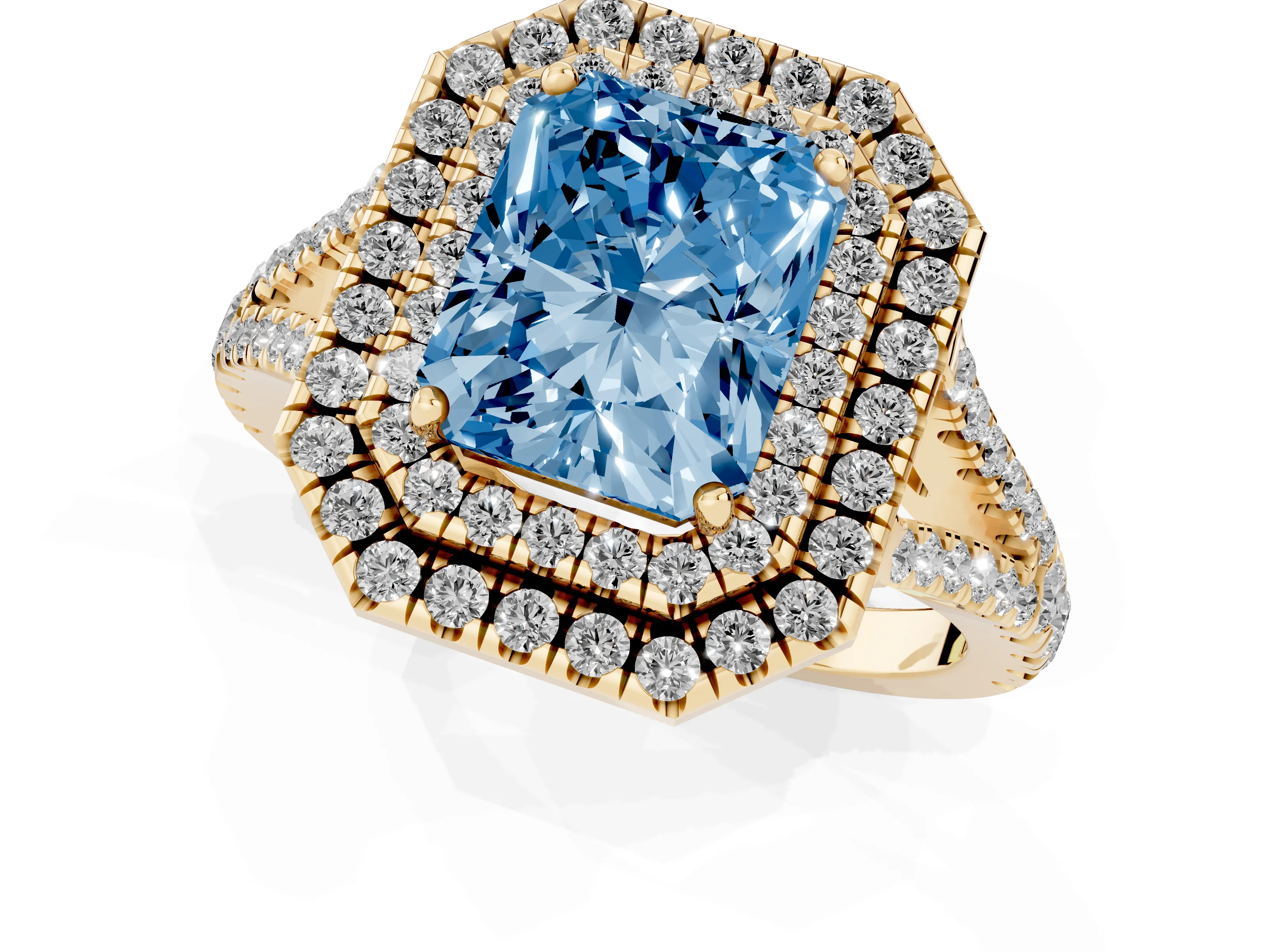 Fancy Blue Radiant Cut Diamond Double Halo Ring Set in Yellow gold with Pavé Band