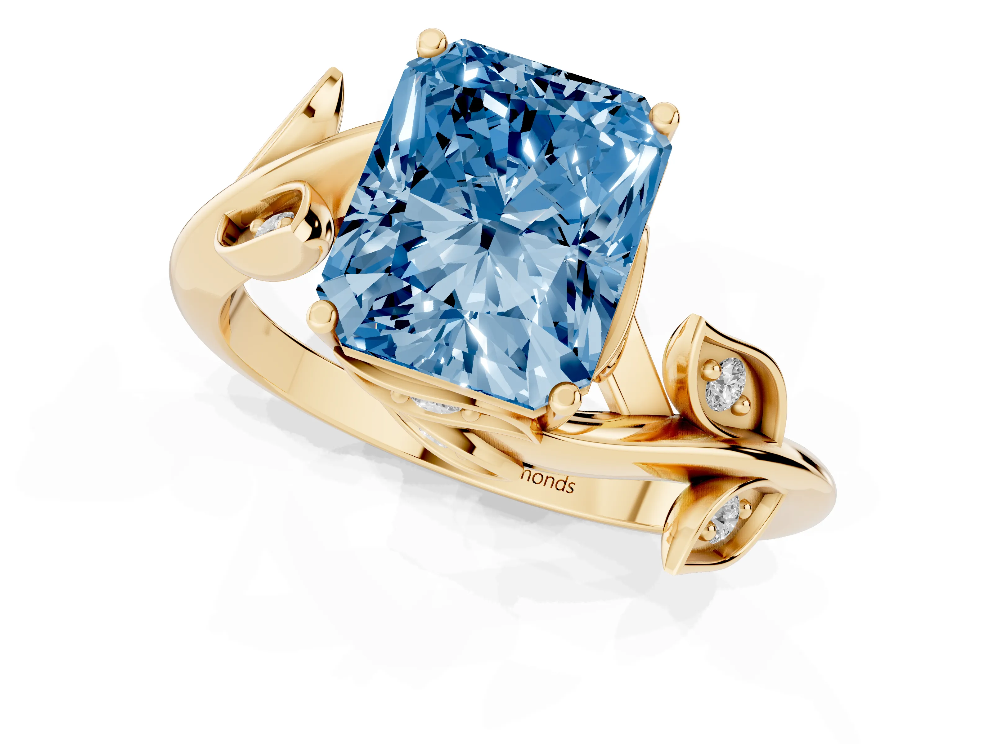 Fancy Blue Radiant Cut Diamond Solitaire Twist Engagement Ring Set in Yellow gold with Pavé Leaf Accents