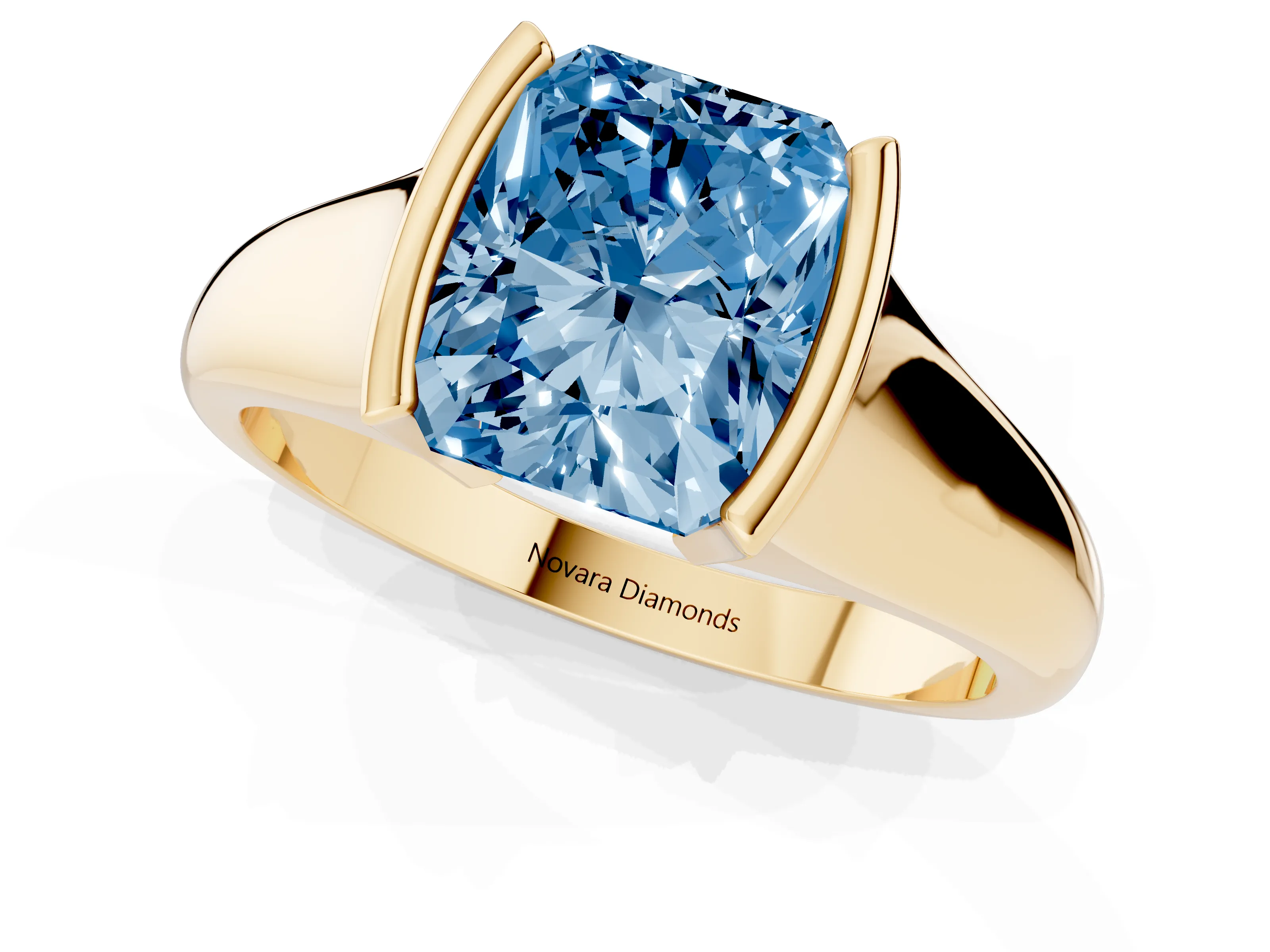 Fancy Blue Radiant Cut Diamond Solitaire Tension Set Ring Set in Yellow gold with Split Shank Band