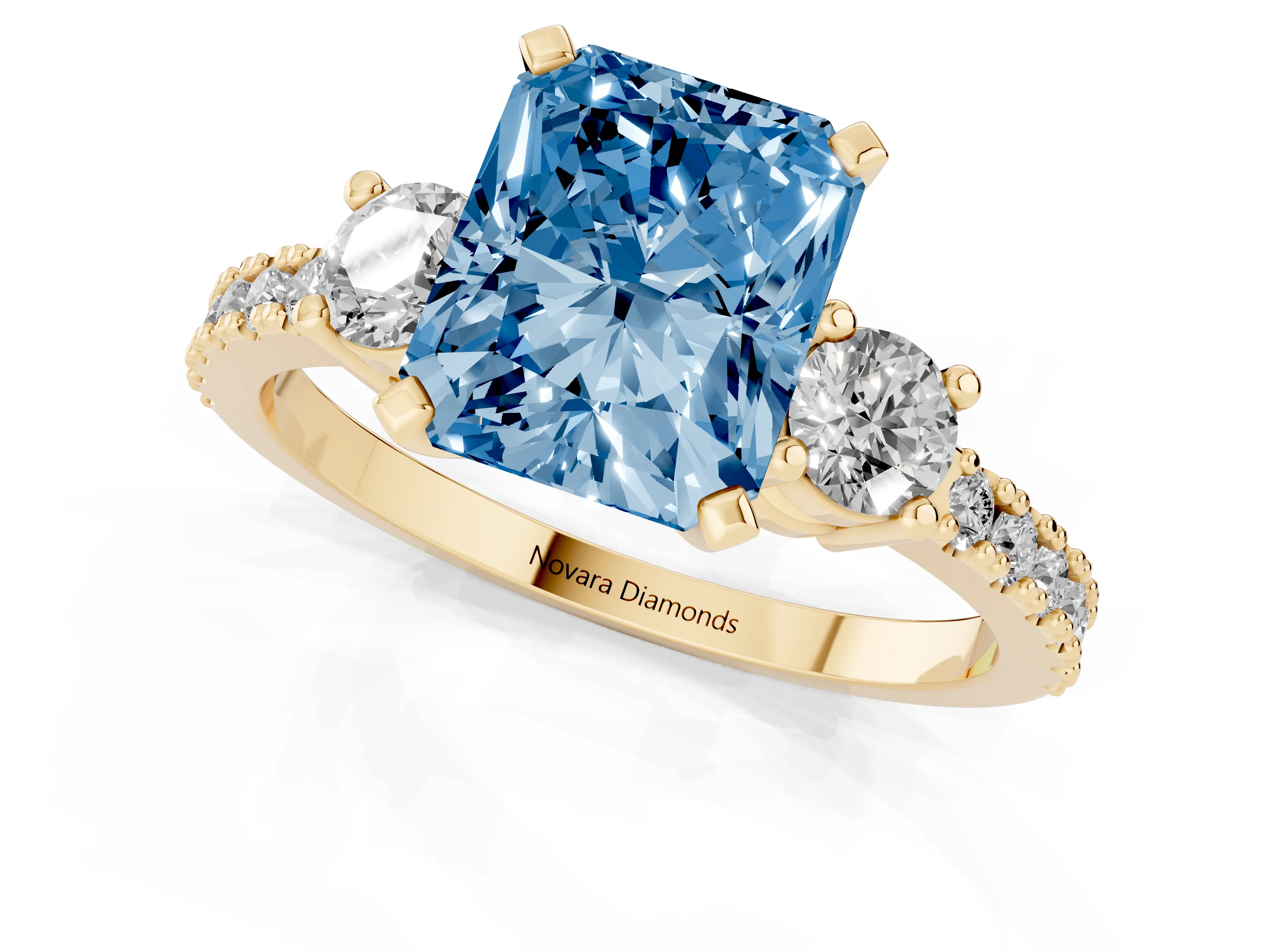 Fancy Blue Three-Stone Radiant Cut Diamond Pavé Band Ring Set in Yellow gold with Prong Setting
