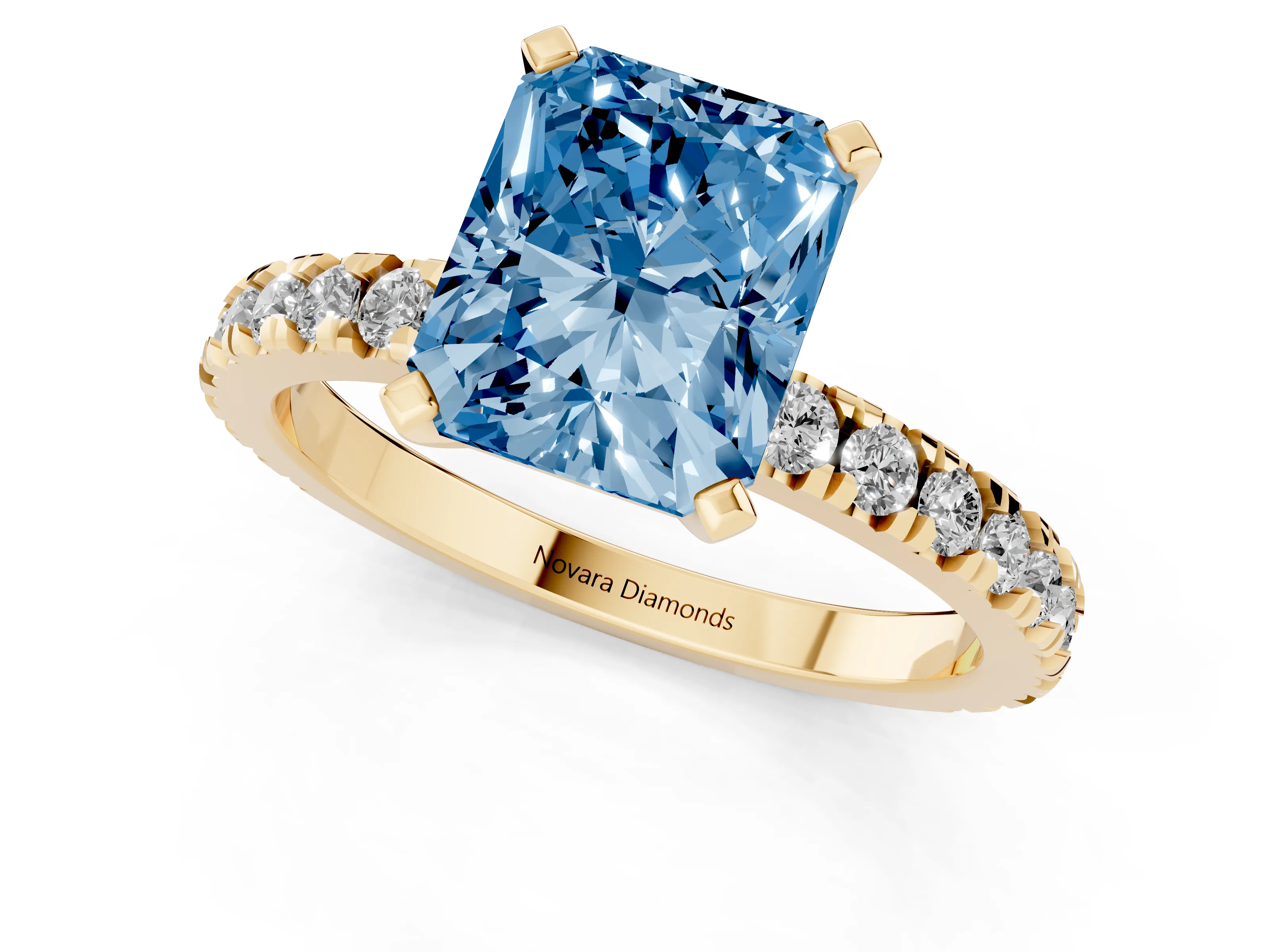 Fancy Blue Radiant Cut Diamond Pavé Band Solitaire Set in Yellow gold with Prong Setting