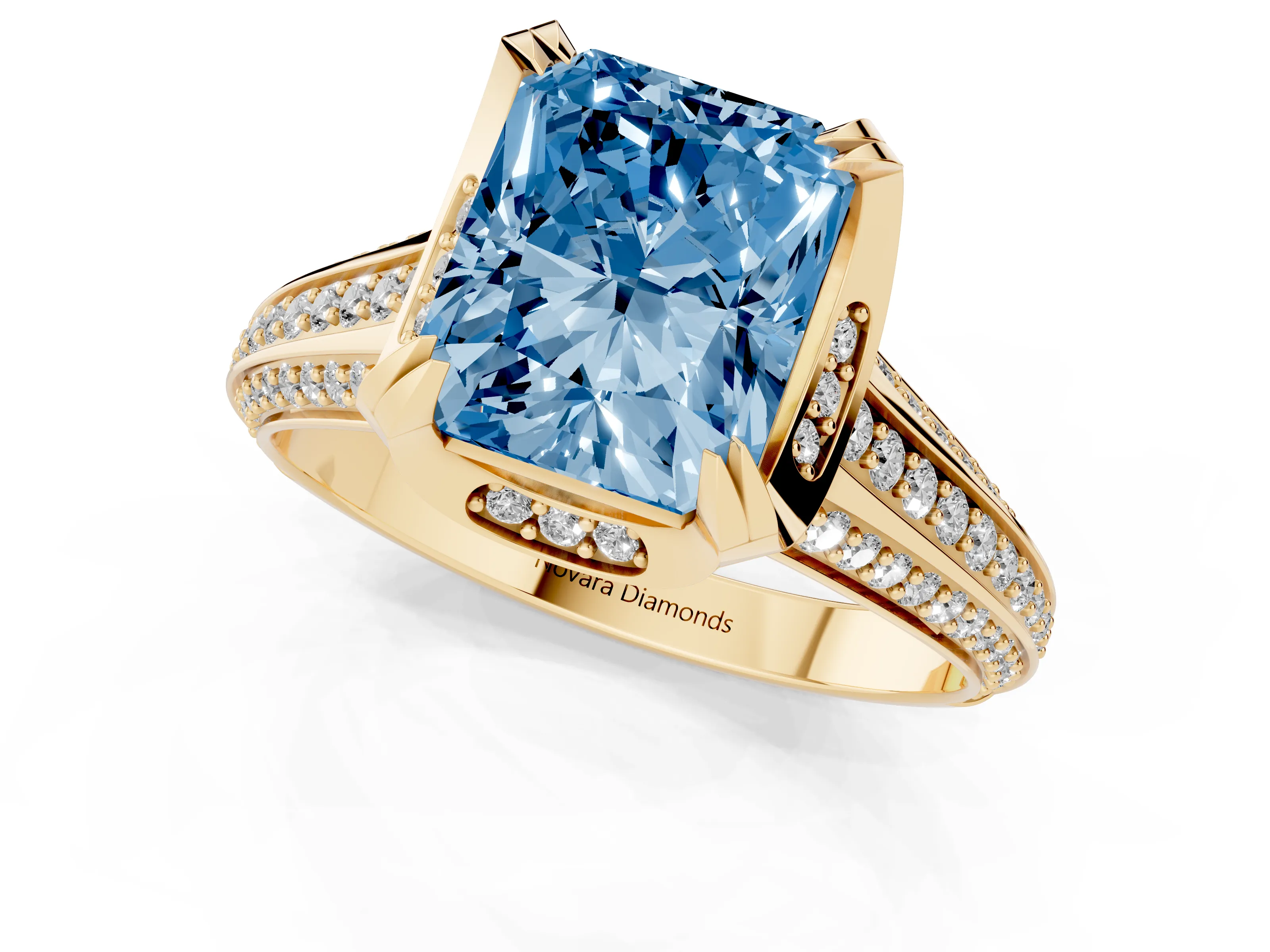 Fancy Blue Radiant Cut Diamond Pavé Split Shank Solitaire Ring Set in Yellow gold with Prong Setting
